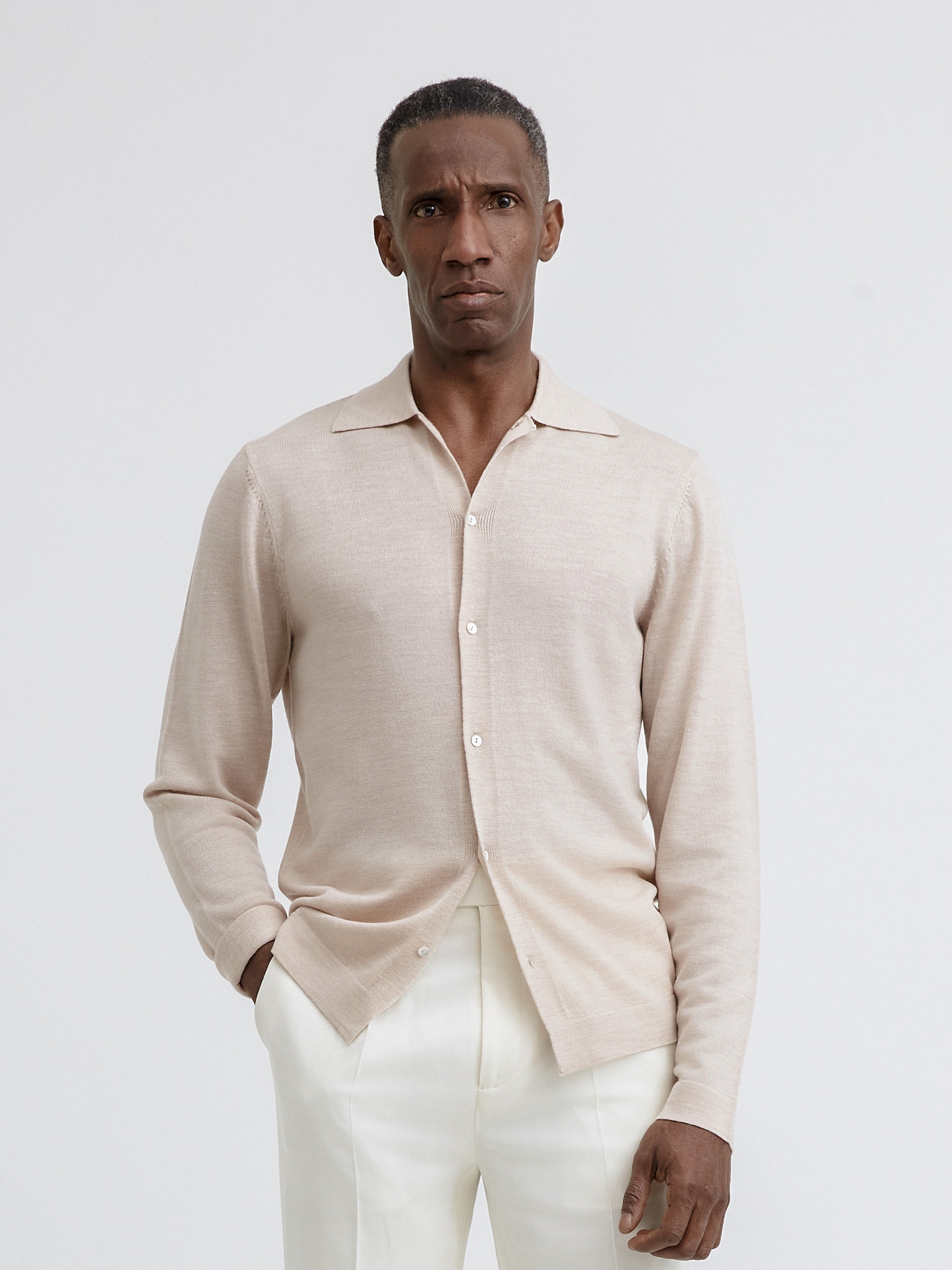 Beige Merino Wool Cardigan - Grand Le Mar