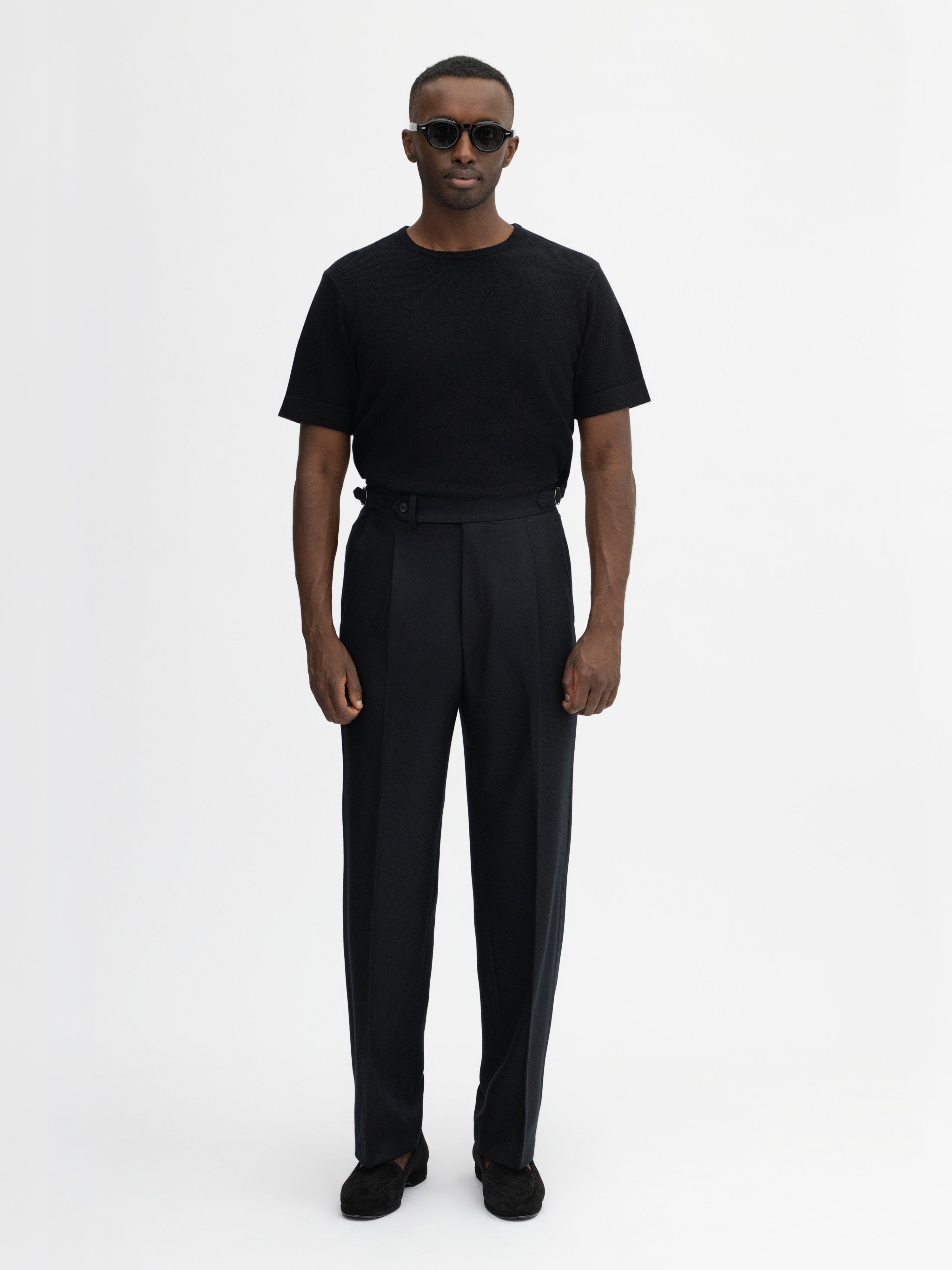 Black Flannel Wool Oscar Trousers (Wide Fit) - Grand Le Mar