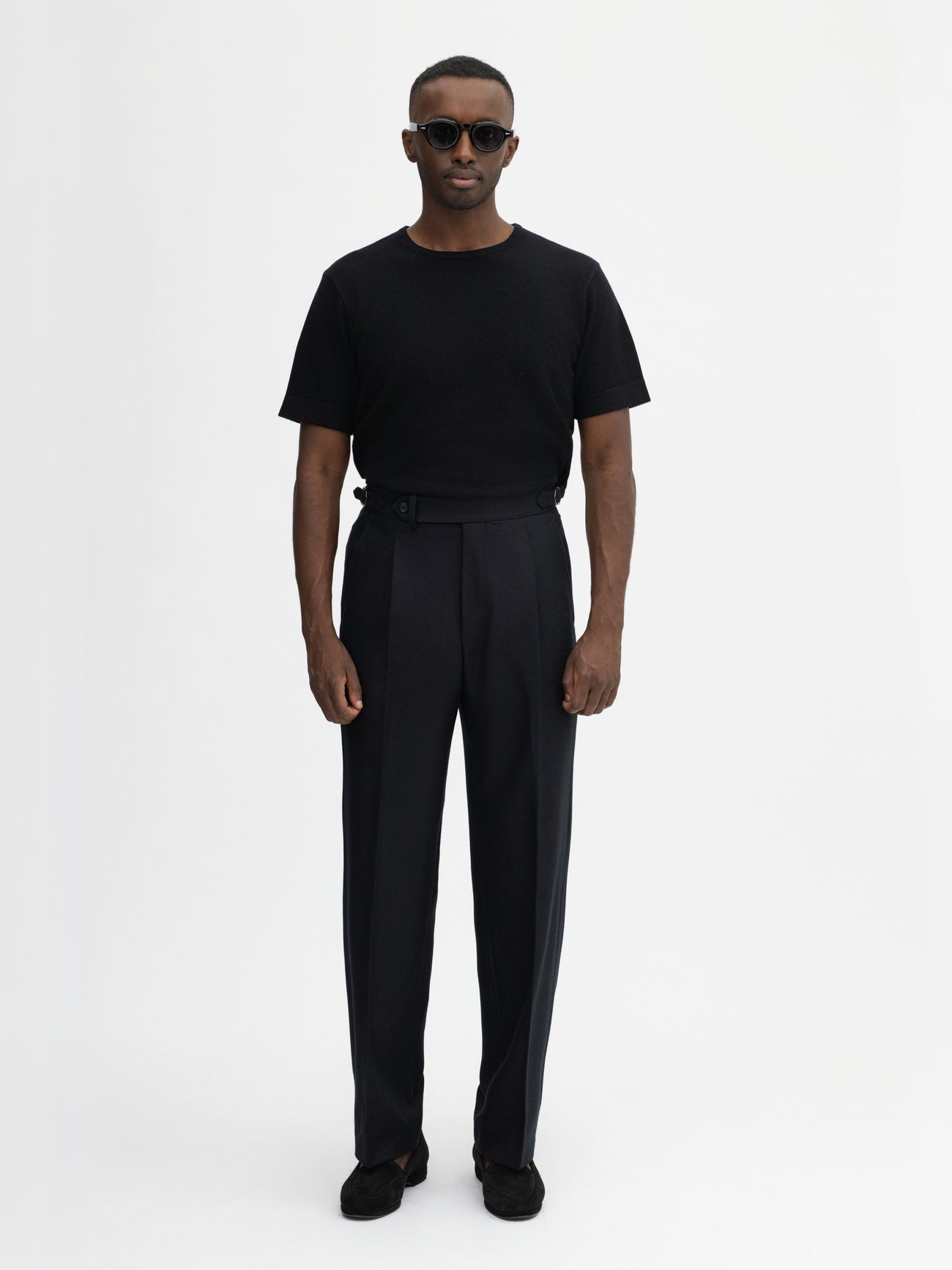 Black Flannel Wool Oscar Trousers (Wide Fit) - Grand Le Mar