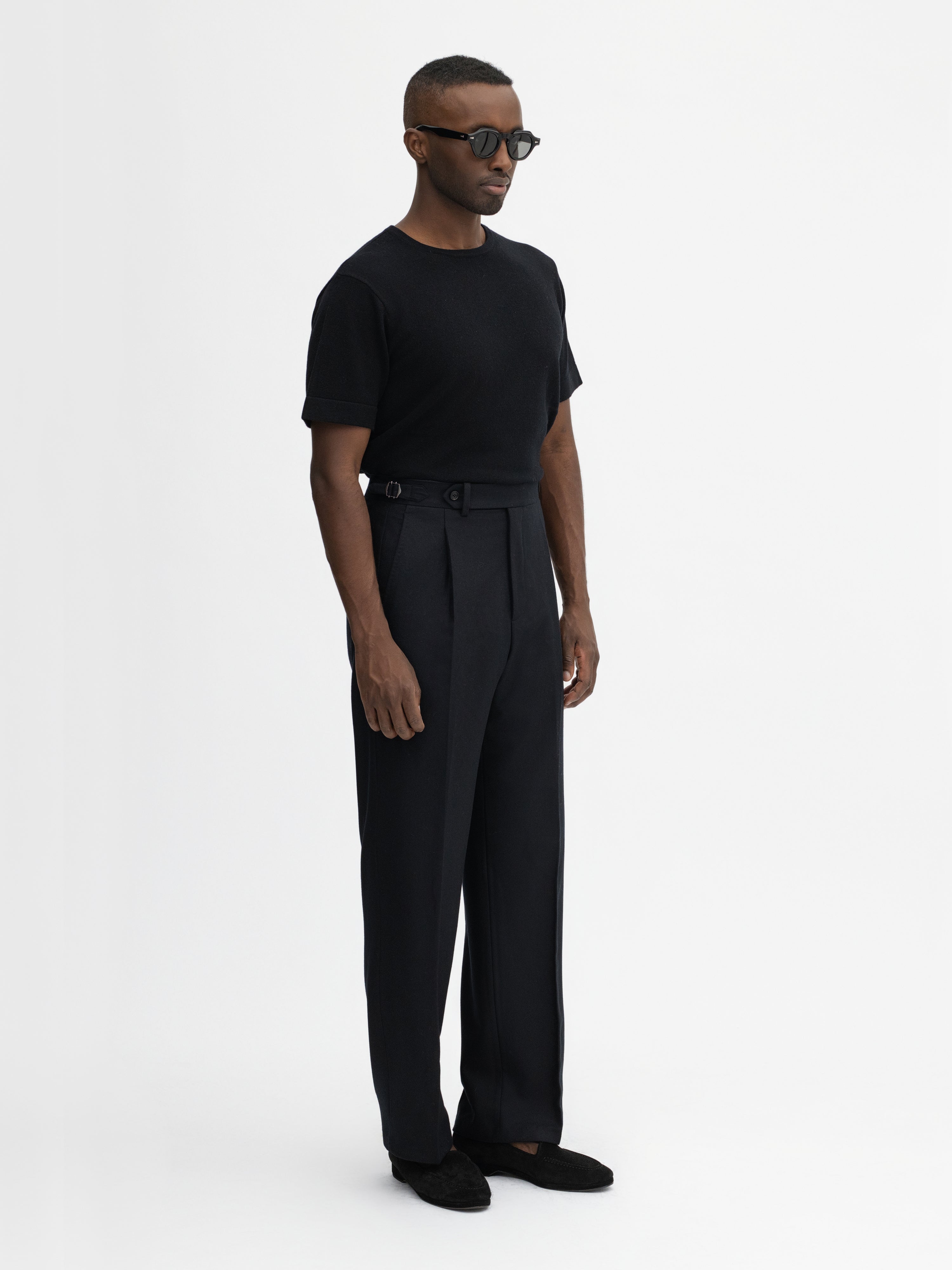 Black Flannel Wool Oscar Trousers (Wide Fit) - Grand Le Mar