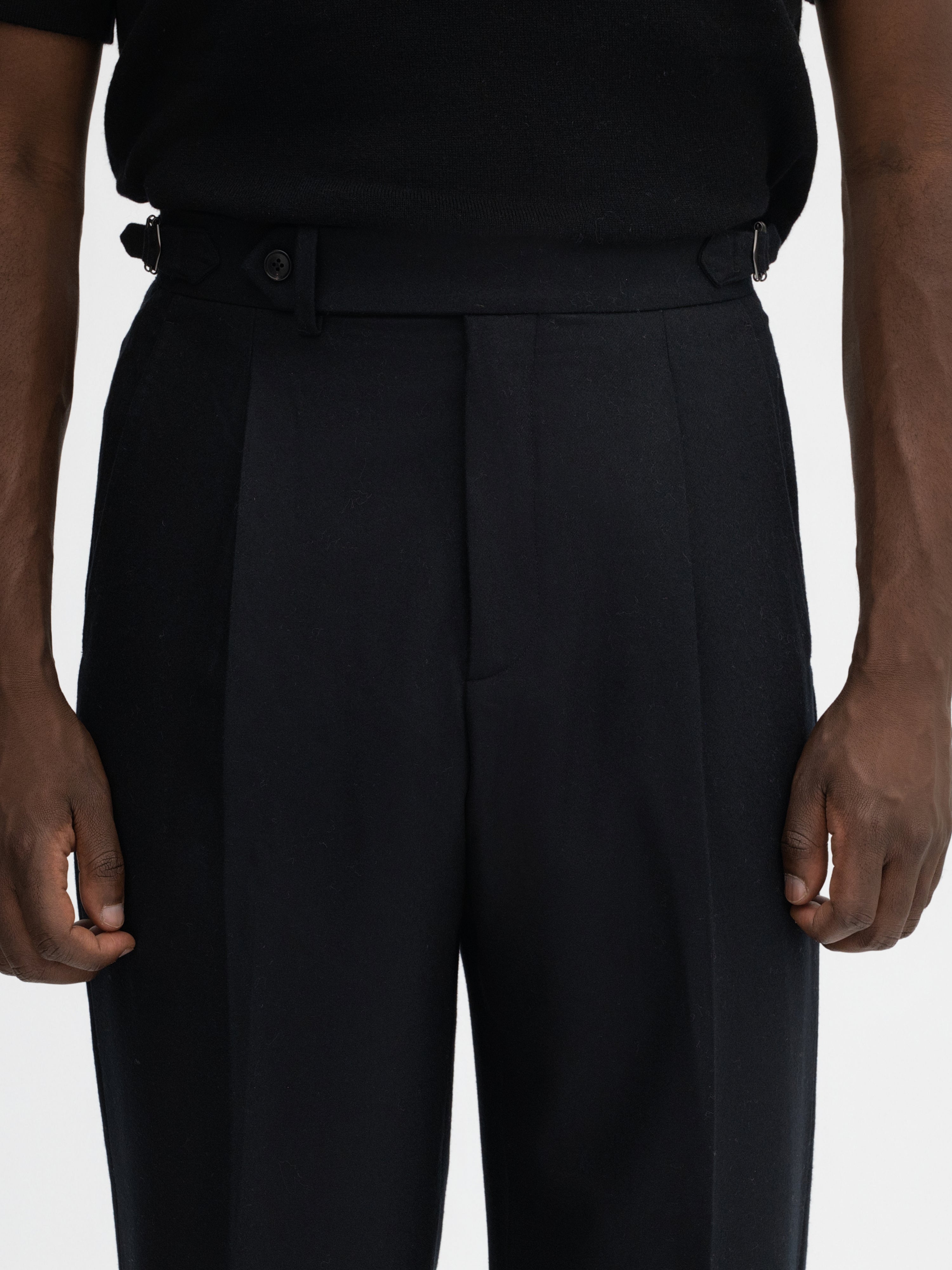 Black Flannel Wool Oscar Trousers (Wide Fit) - Grand Le Mar