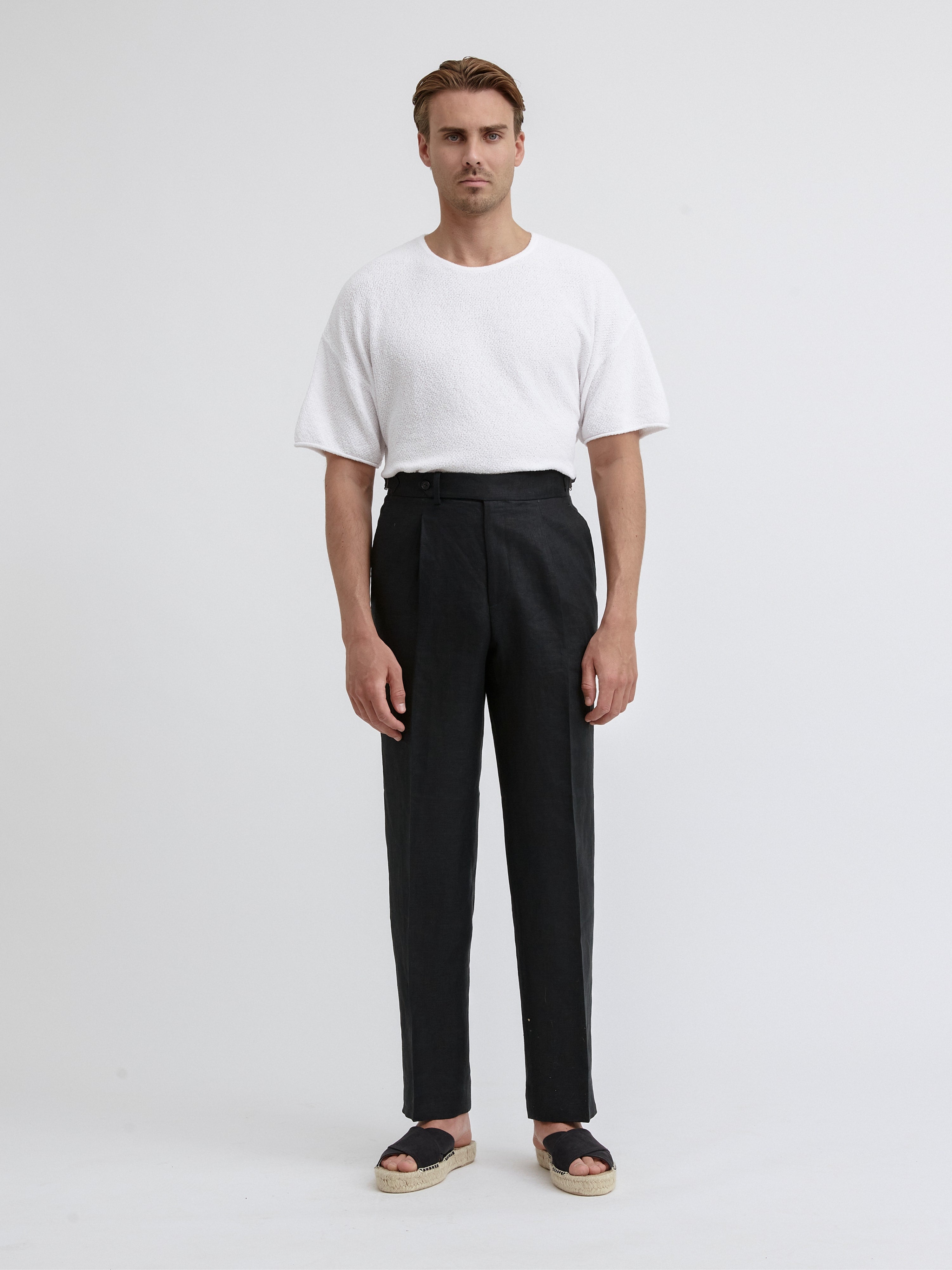 Black Linen Oscar Trousers (Wide Fit) - Grand Le Mar