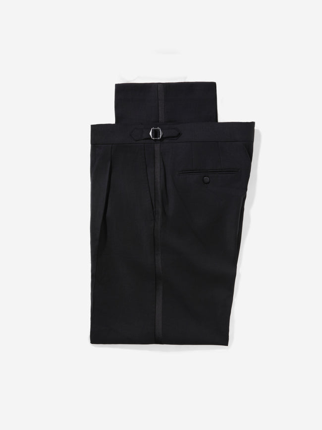 Black S130 Wool Tuxedo Trousers (Wide Fit) - Grand Le Mar