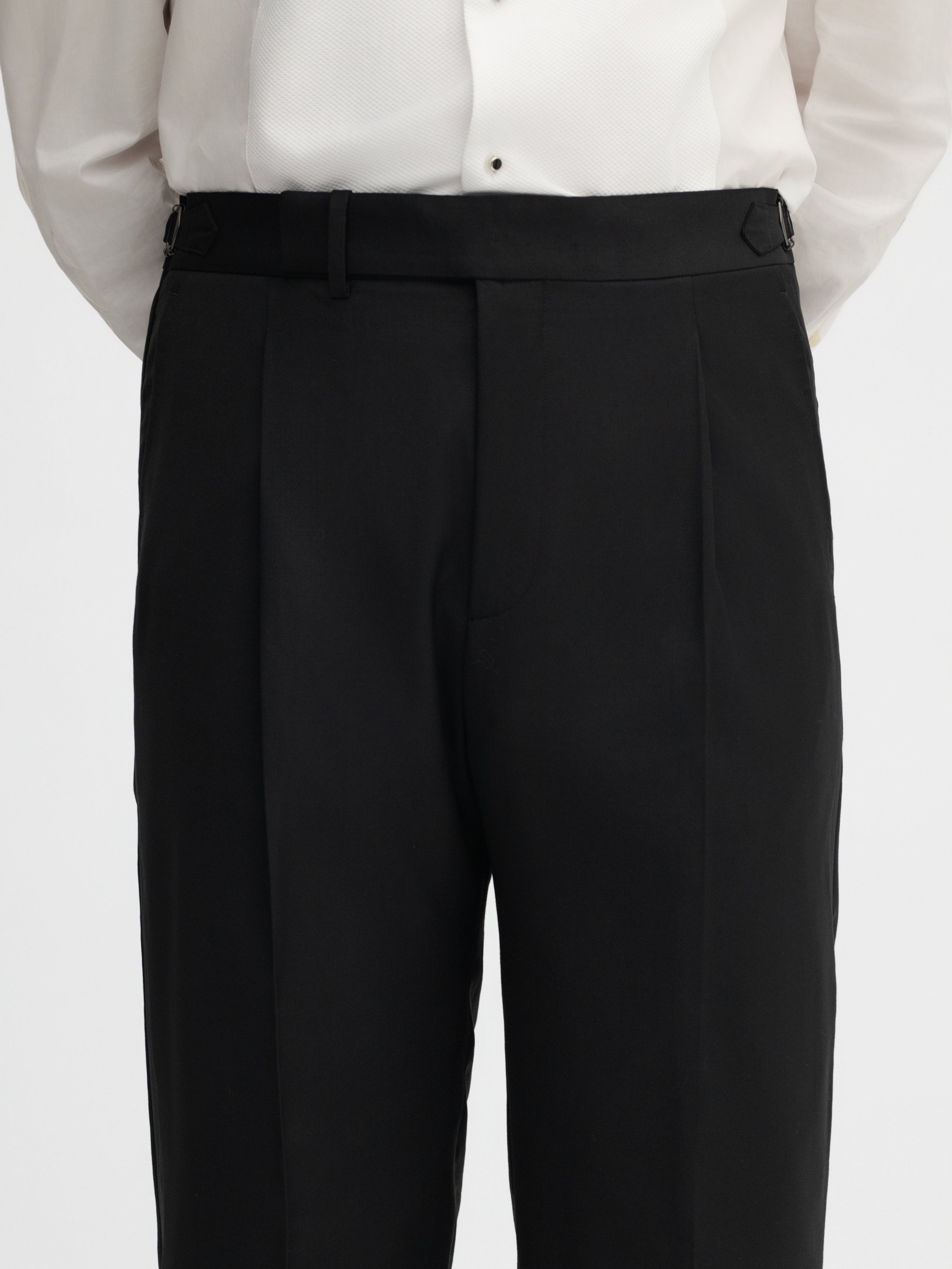 Black S130 Wool Tuxedo Trousers (Wide Fit) - Grand Le Mar