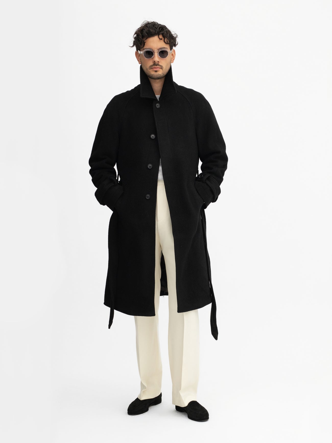 Black Virgin Wool Raglan Coat - Grand Le Mar