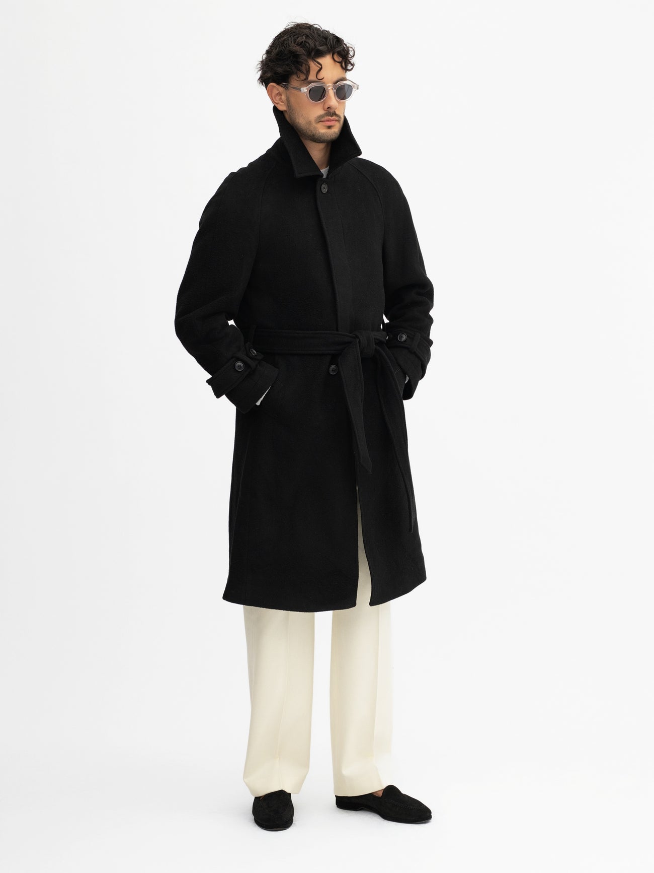 Black Virgin Wool Raglan Coat - Grand Le Mar