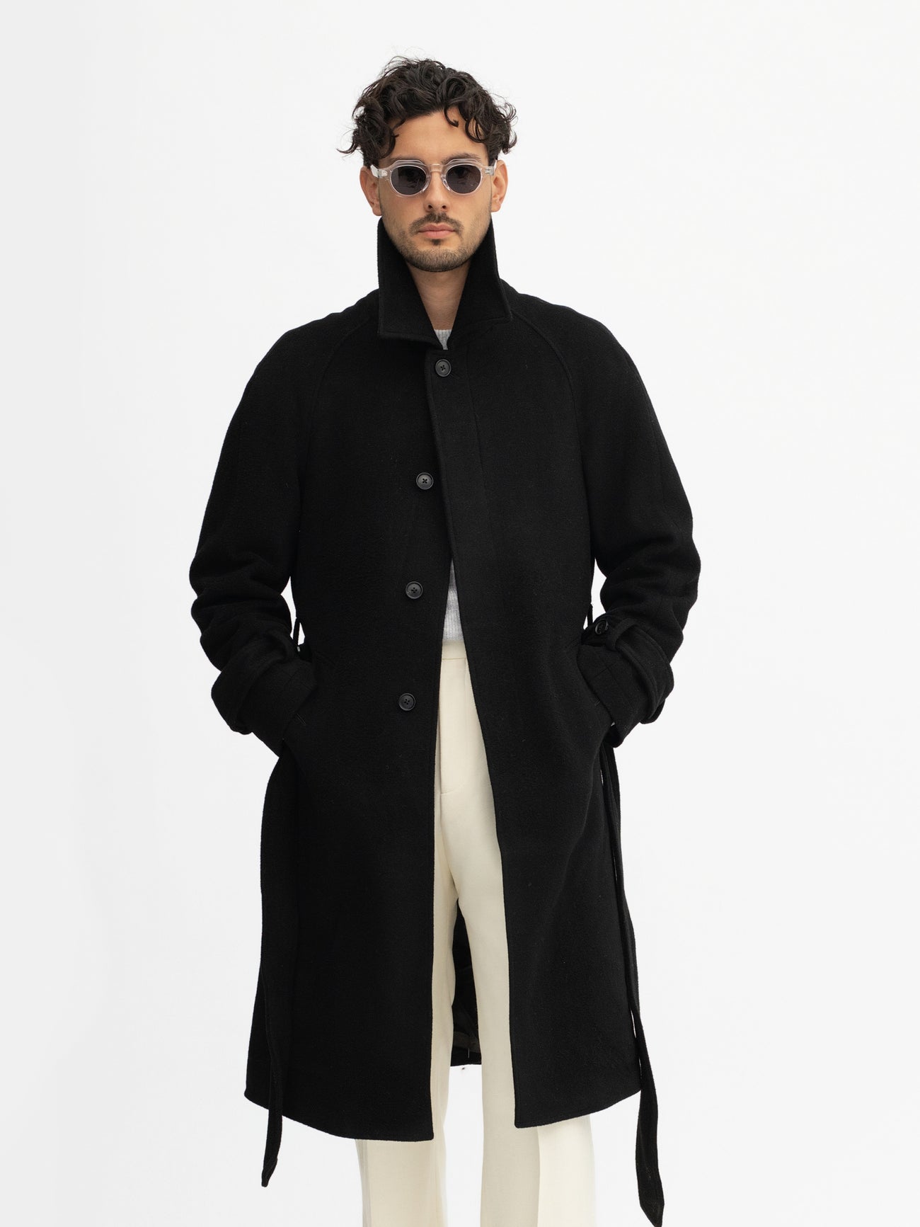 Black Virgin Wool Raglan Coat - Grand Le Mar