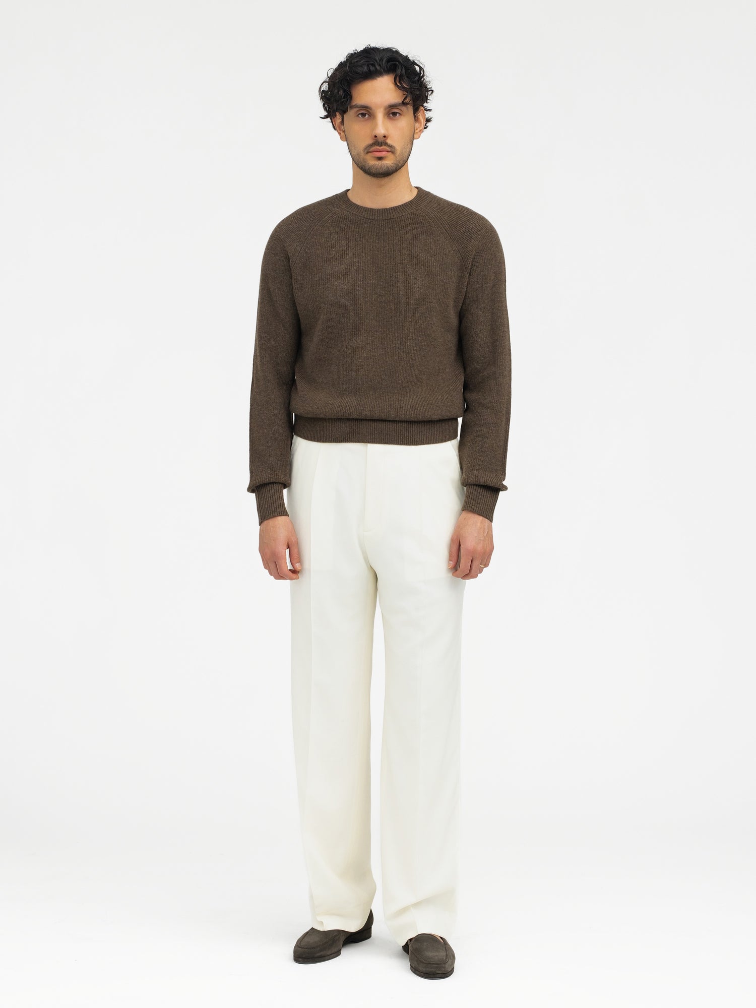 Brown Merino Wool Cashmere Crewneck - Grand Le Mar