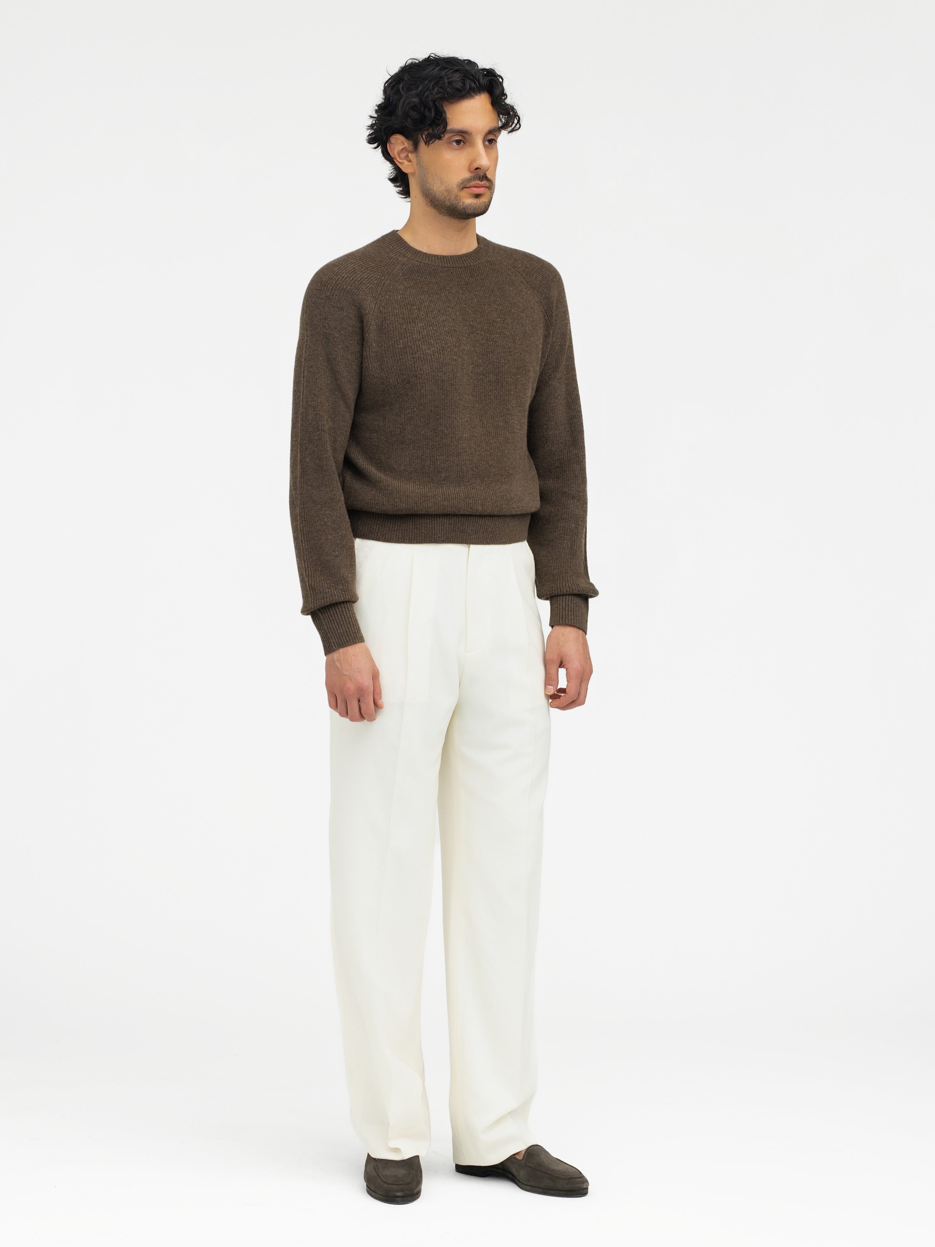 Brown Merino Wool Cashmere Crewneck - Grand Le Mar