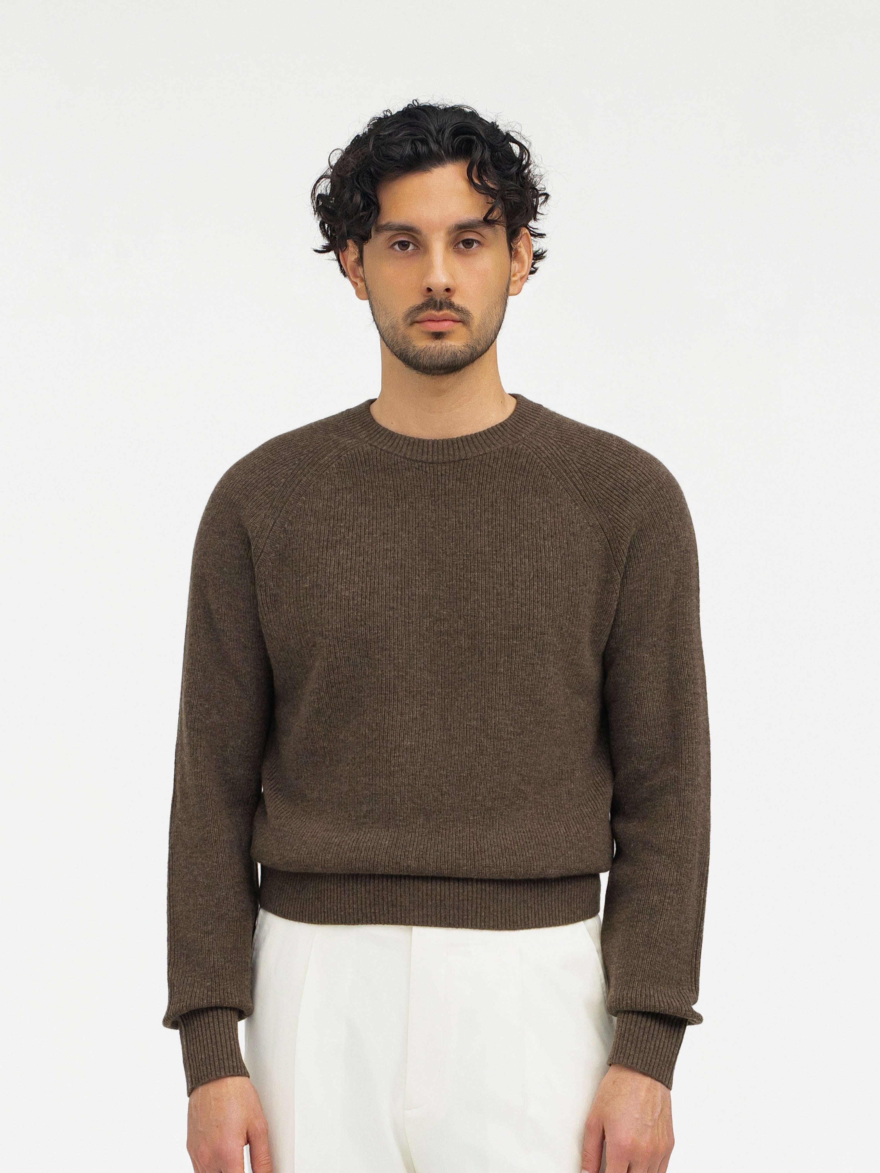 Brown Merino Wool Cashmere Crewneck - Grand Le Mar