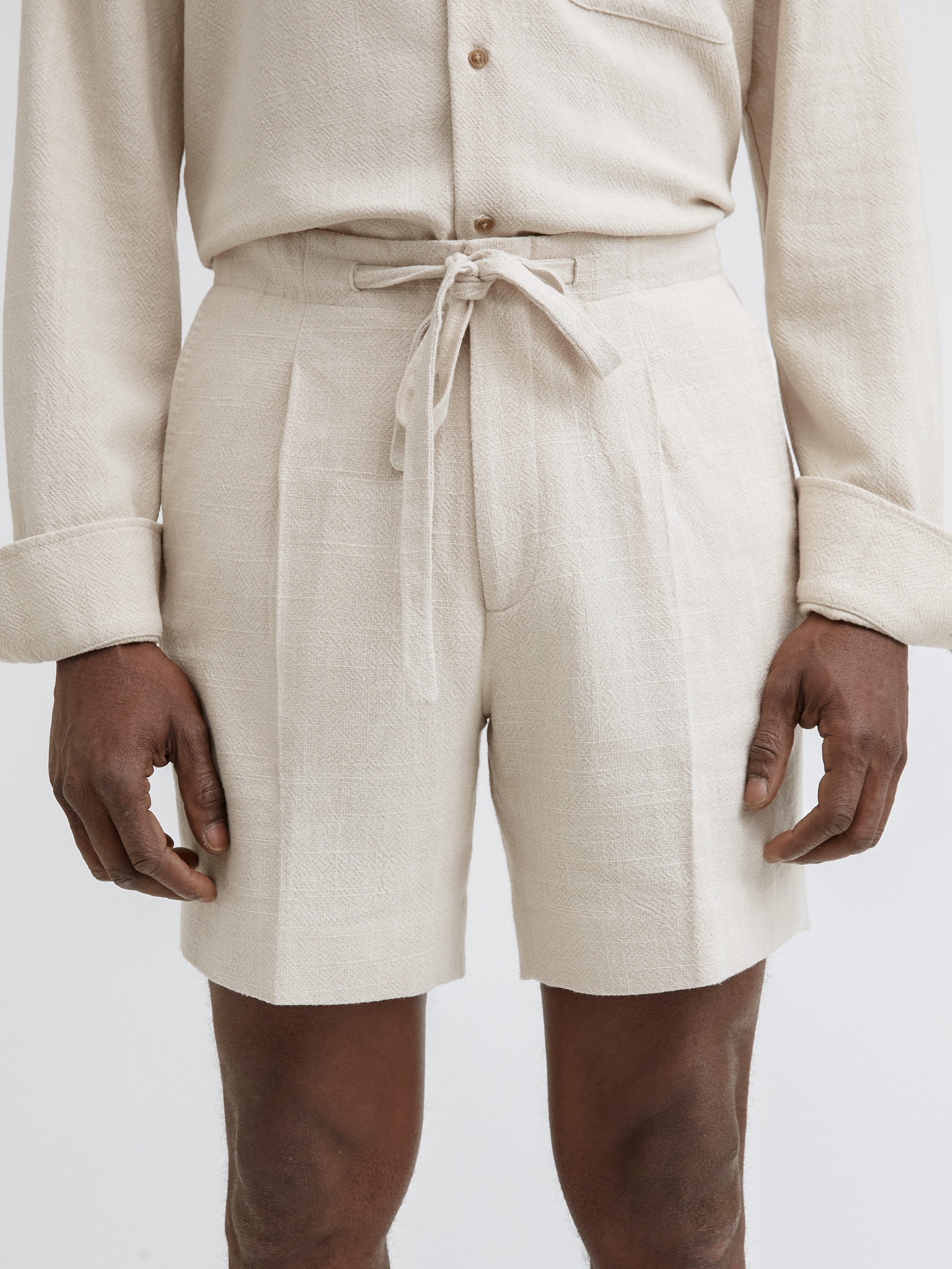 Cream Stonewashed Linen Drawstring Shorts (Wide Fit) - Grand Le Mar