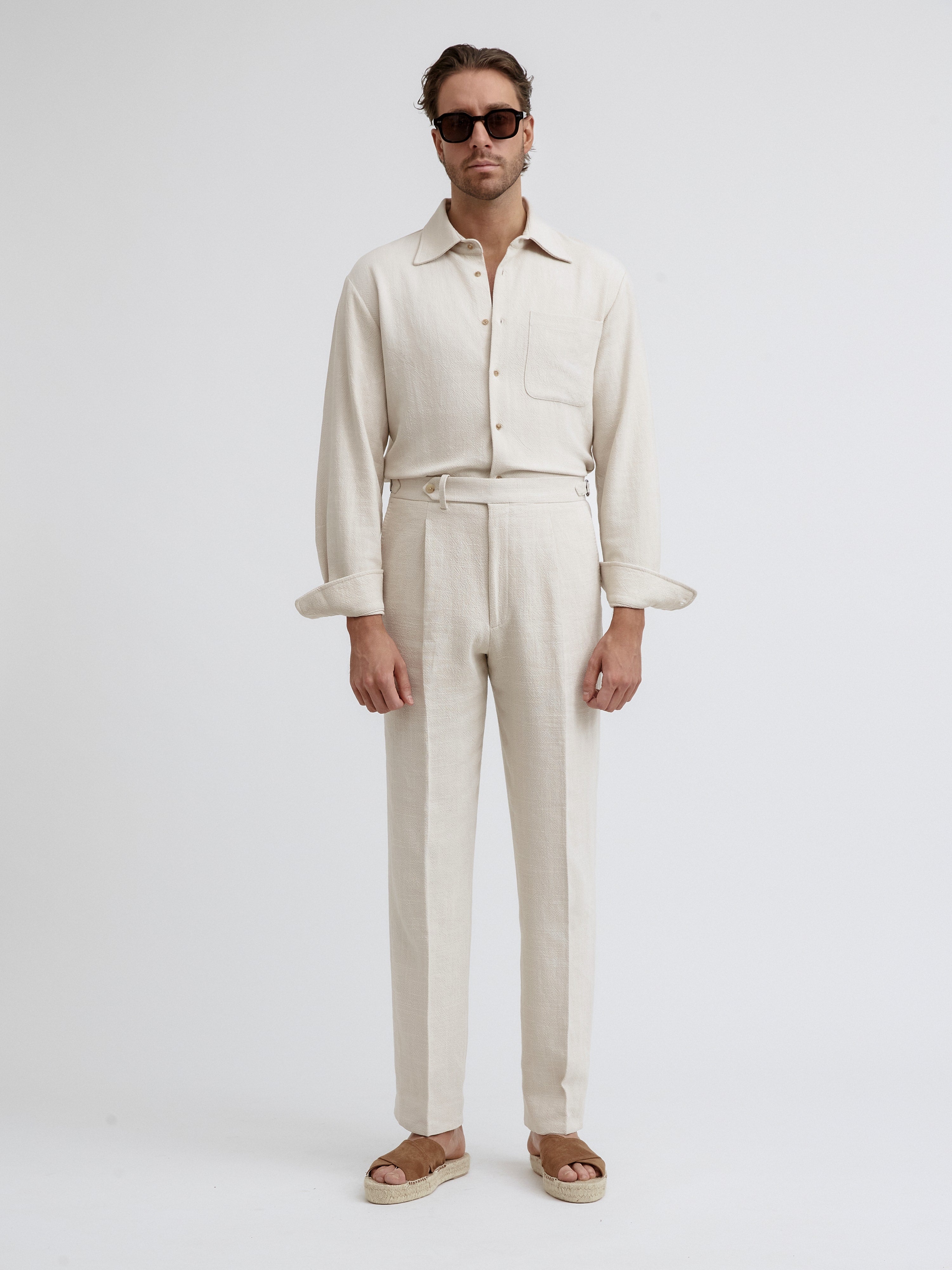 Cream Stonewashed Linen Oscar Trousers (Wide Fit) - Grand Le Mar