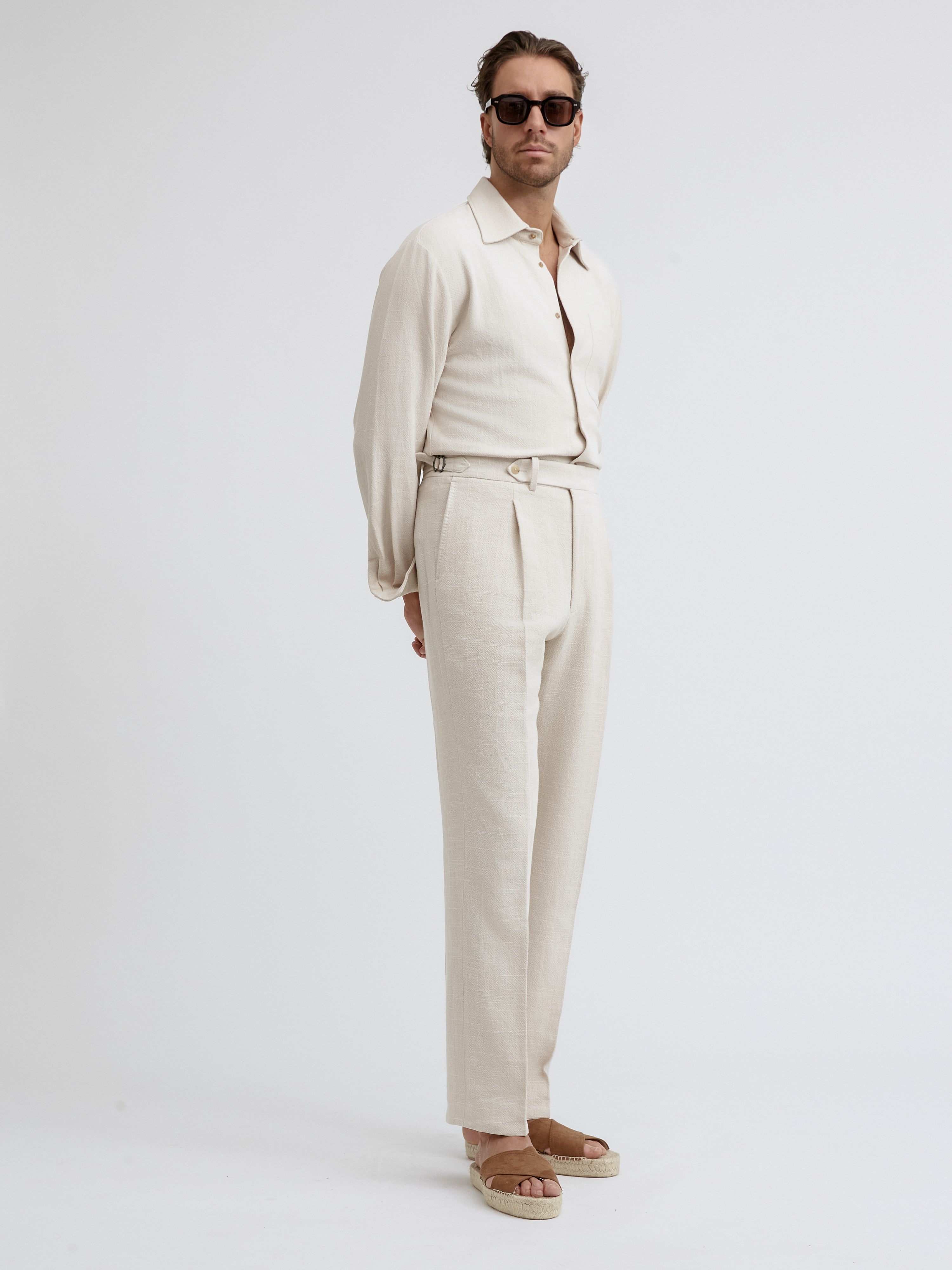 Cream Stonewashed Linen Oscar Trousers (Wide Fit) - Grand Le Mar