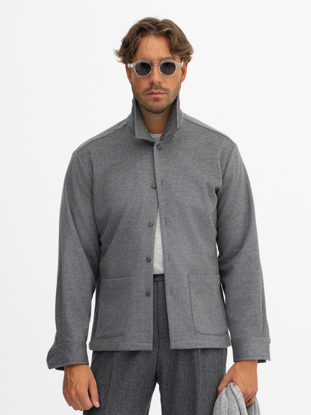 Grey Cashmere Wool Shirt Jacket - Grand Le Mar