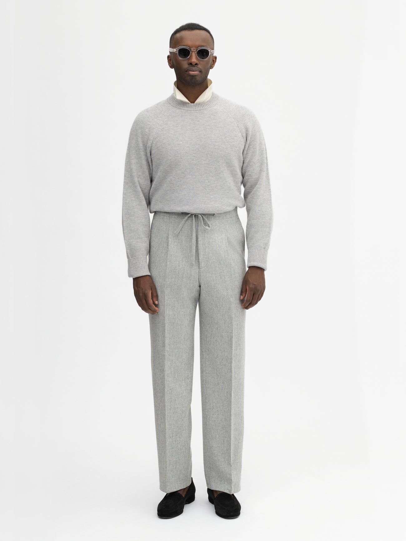 Grey Flannel Wool Drawstring Trousers (Wide Fit) - Grand Le Mar