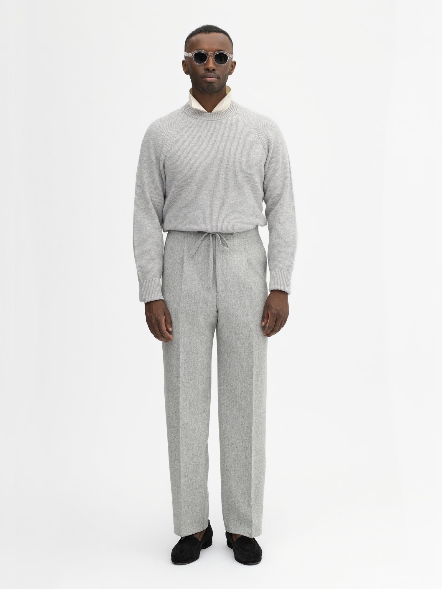 Grey Flannel Wool Drawstring Trousers (Wide Fit) - Grand Le Mar