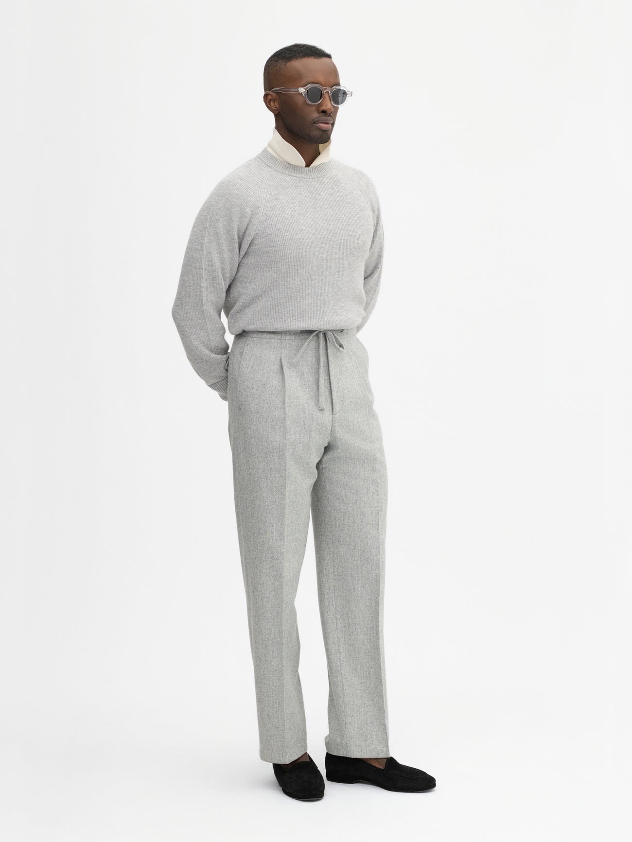 Grey Flannel Wool Drawstring Trousers (Wide Fit) - Grand Le Mar