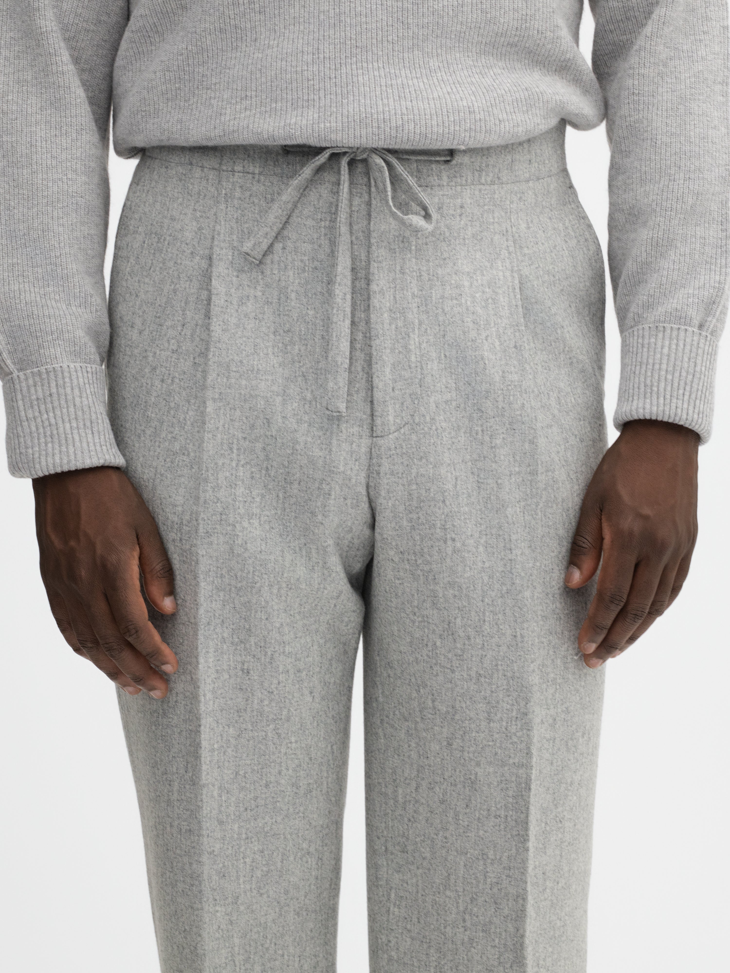 Grey Flannel Wool Drawstring Trousers (Wide Fit) - Grand Le Mar