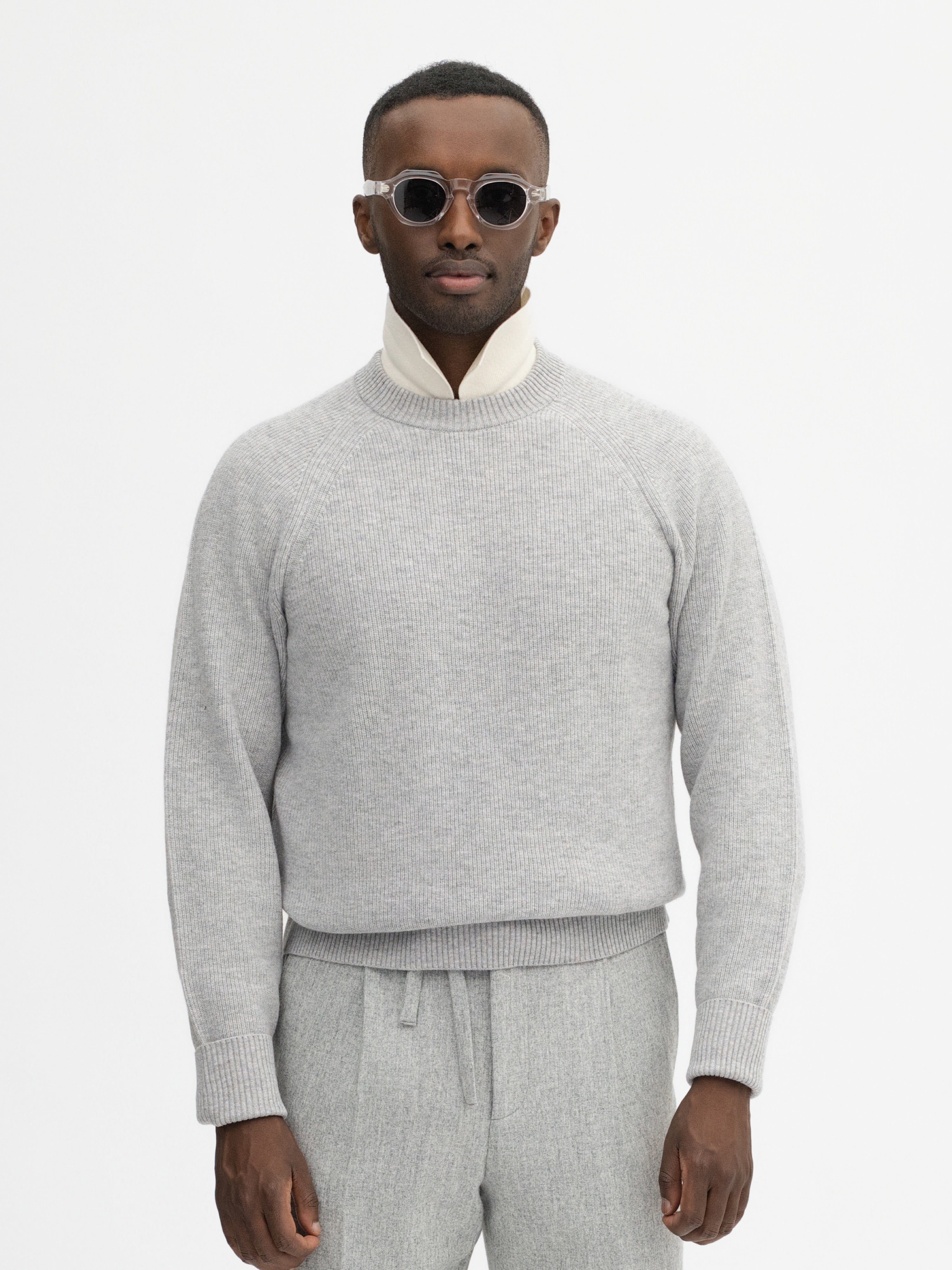 Grey Merino Wool Cashmere Raglan Crewneck - Grand Le Mar