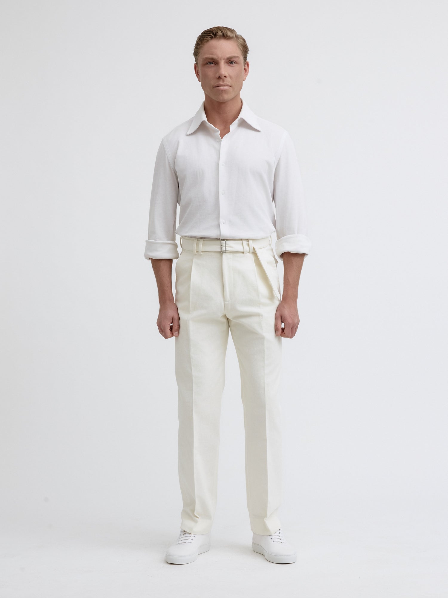 Ivory Cotton Belted Trousers (Wide Fit) - Grand Le Mar