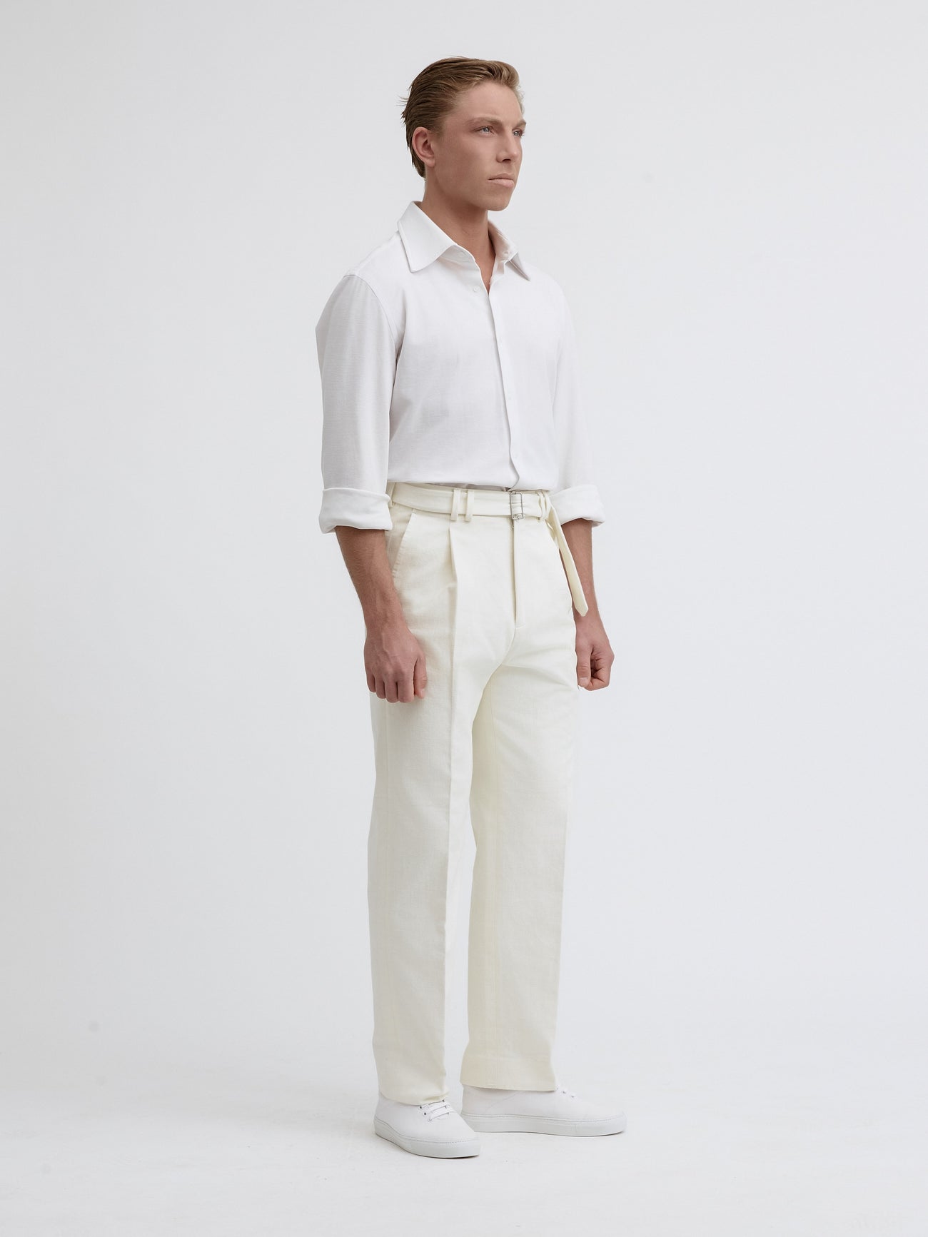 Ivory Cotton Belted Trousers (Wide Fit) - Grand Le Mar