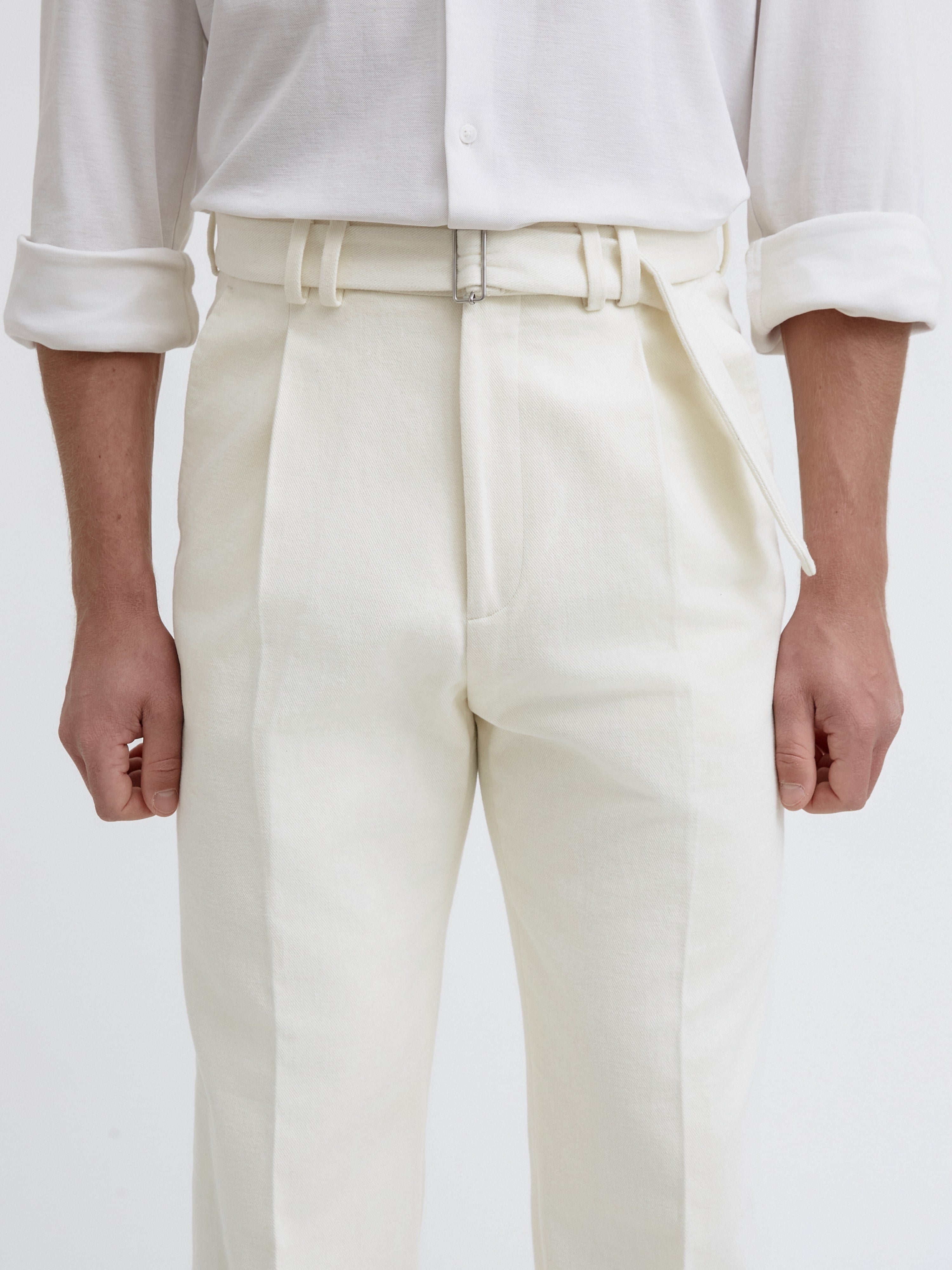 Ivory Cotton Belted Trousers (Wide Fit) - Grand Le Mar