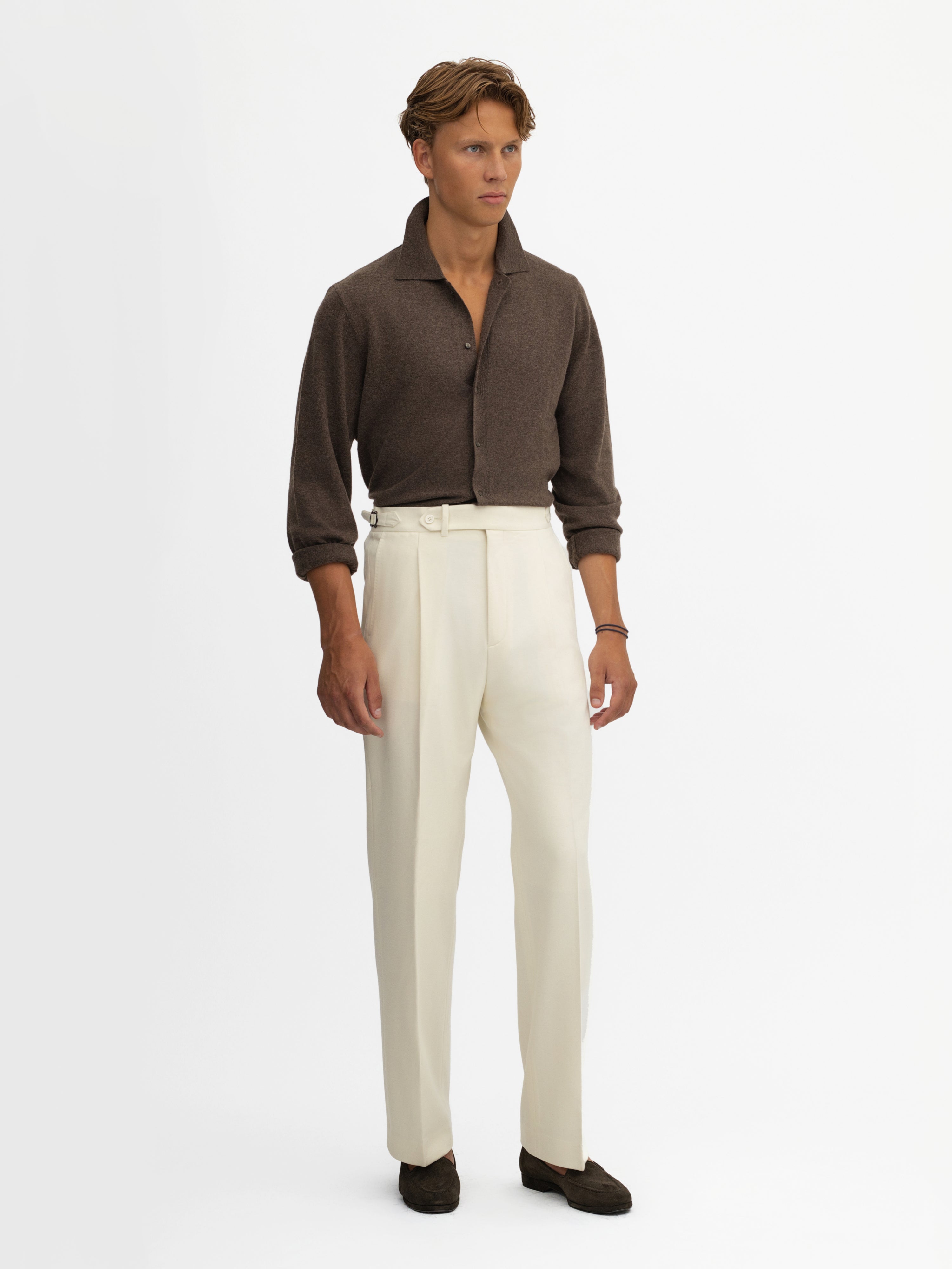 Ivory Flannel Wool Oscar Trousers (Wide Fit) - Grand Le Mar