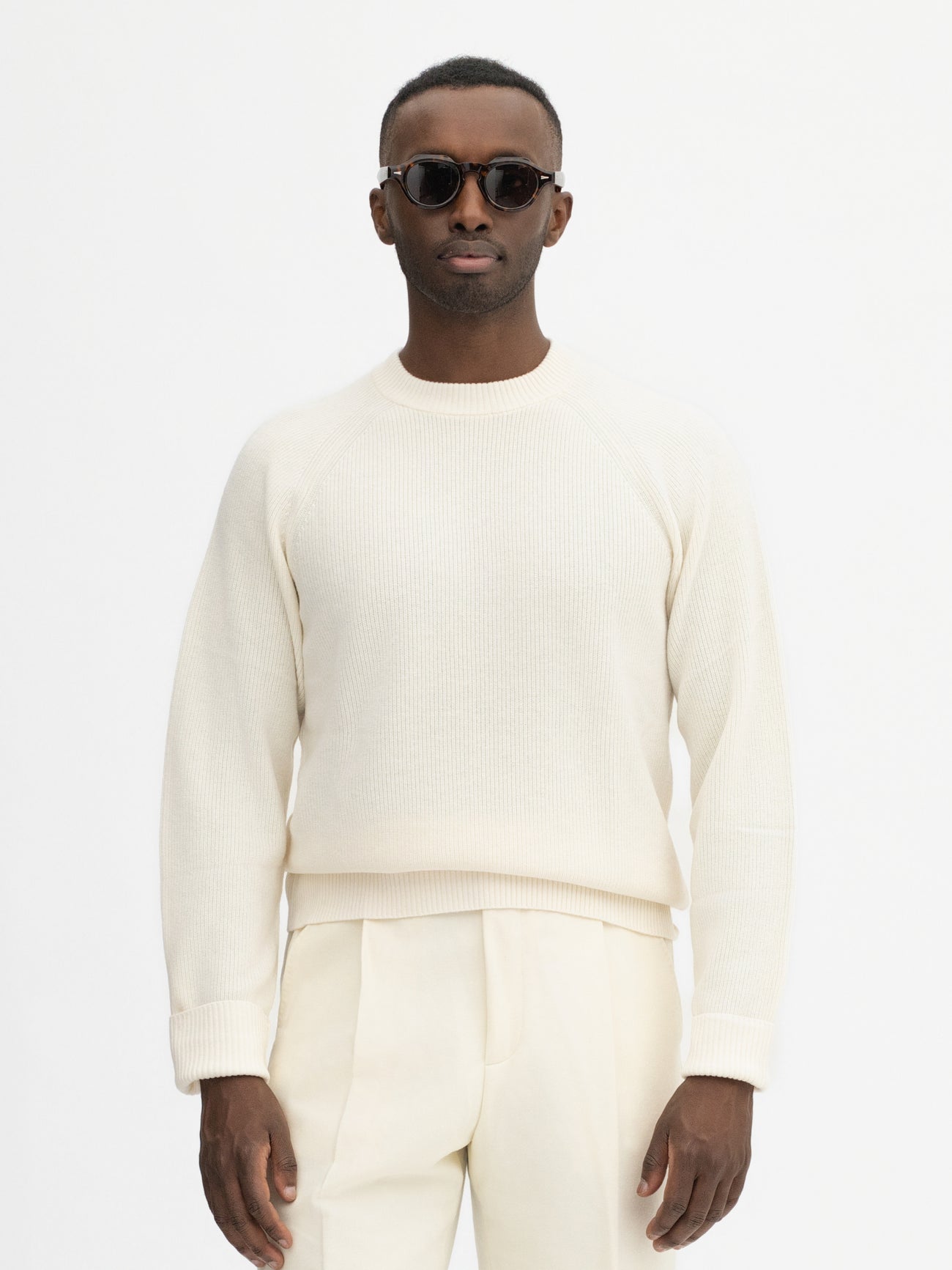 Ivory Merino Wool Cashmere Raglan Crewneck - Grand Le Mar