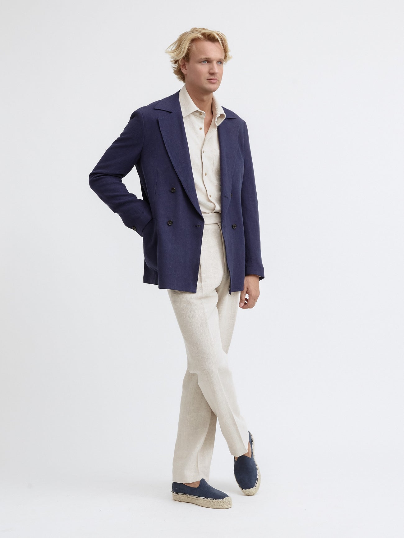 Navy Blue Stonewashed Linen Jacket - Grand Le Mar