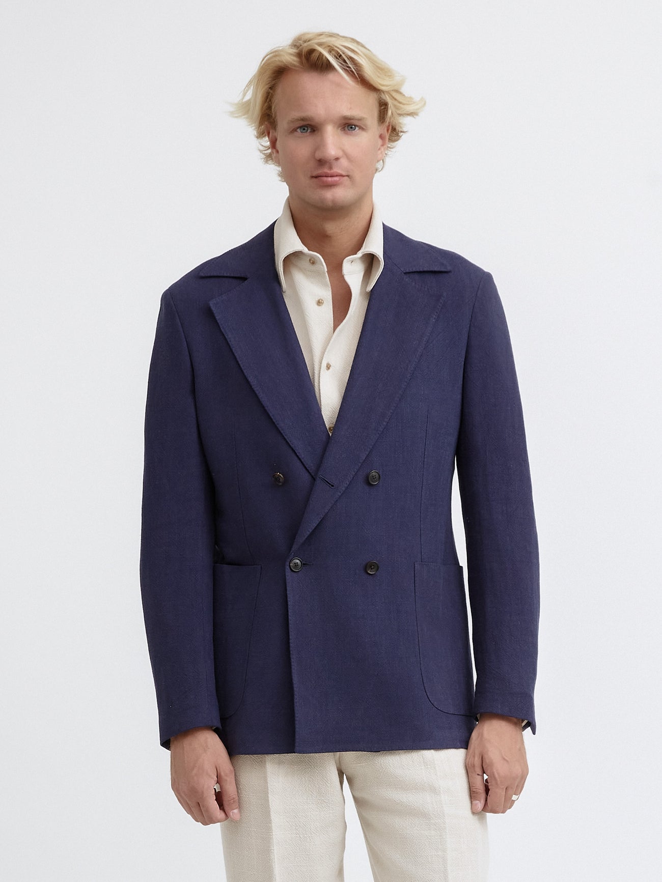 Navy Blue Stonewashed Linen Jacket - Grand Le Mar