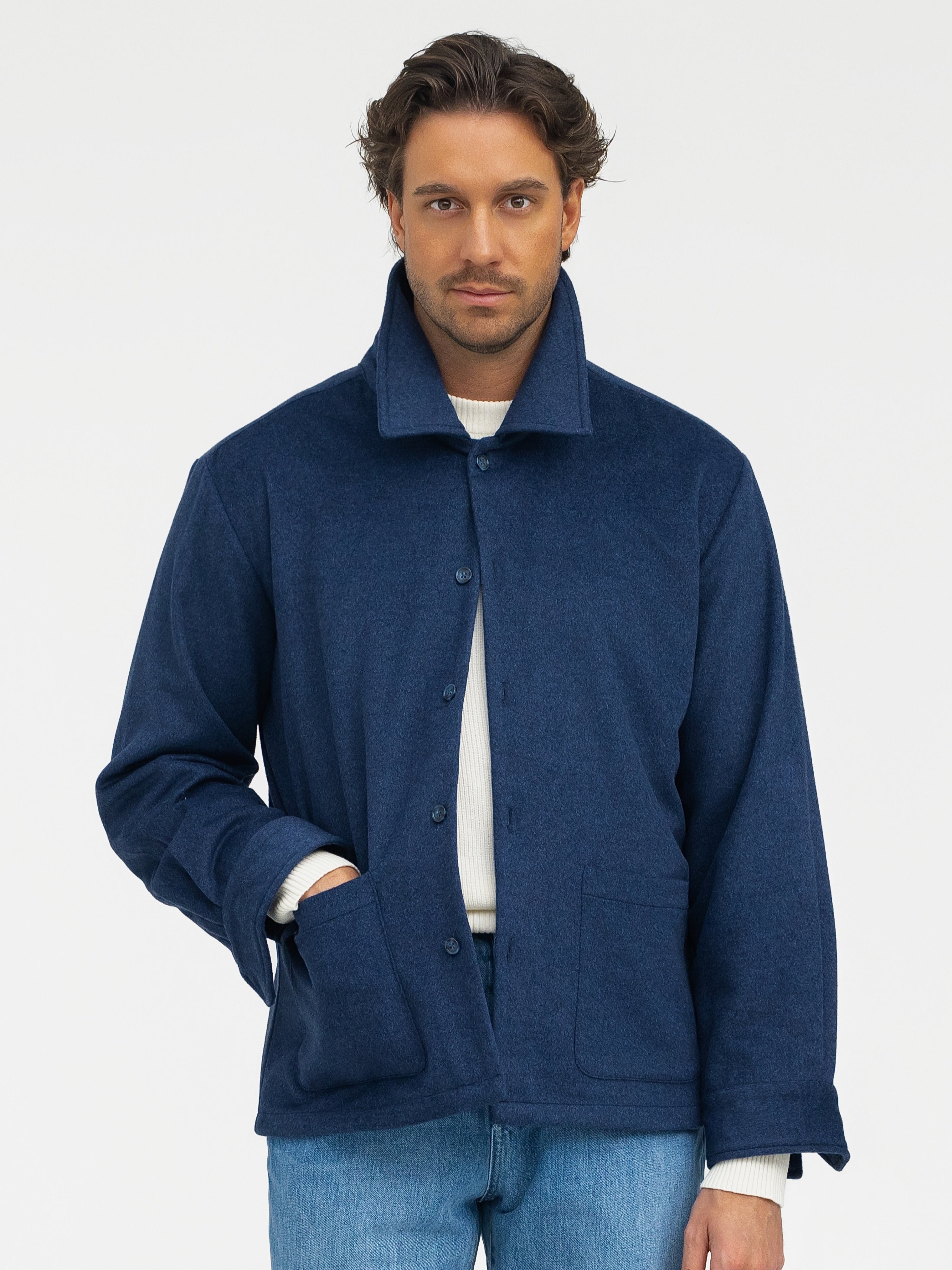 Navy Cashmere Wool Shirt Jacket - Grand Le Mar