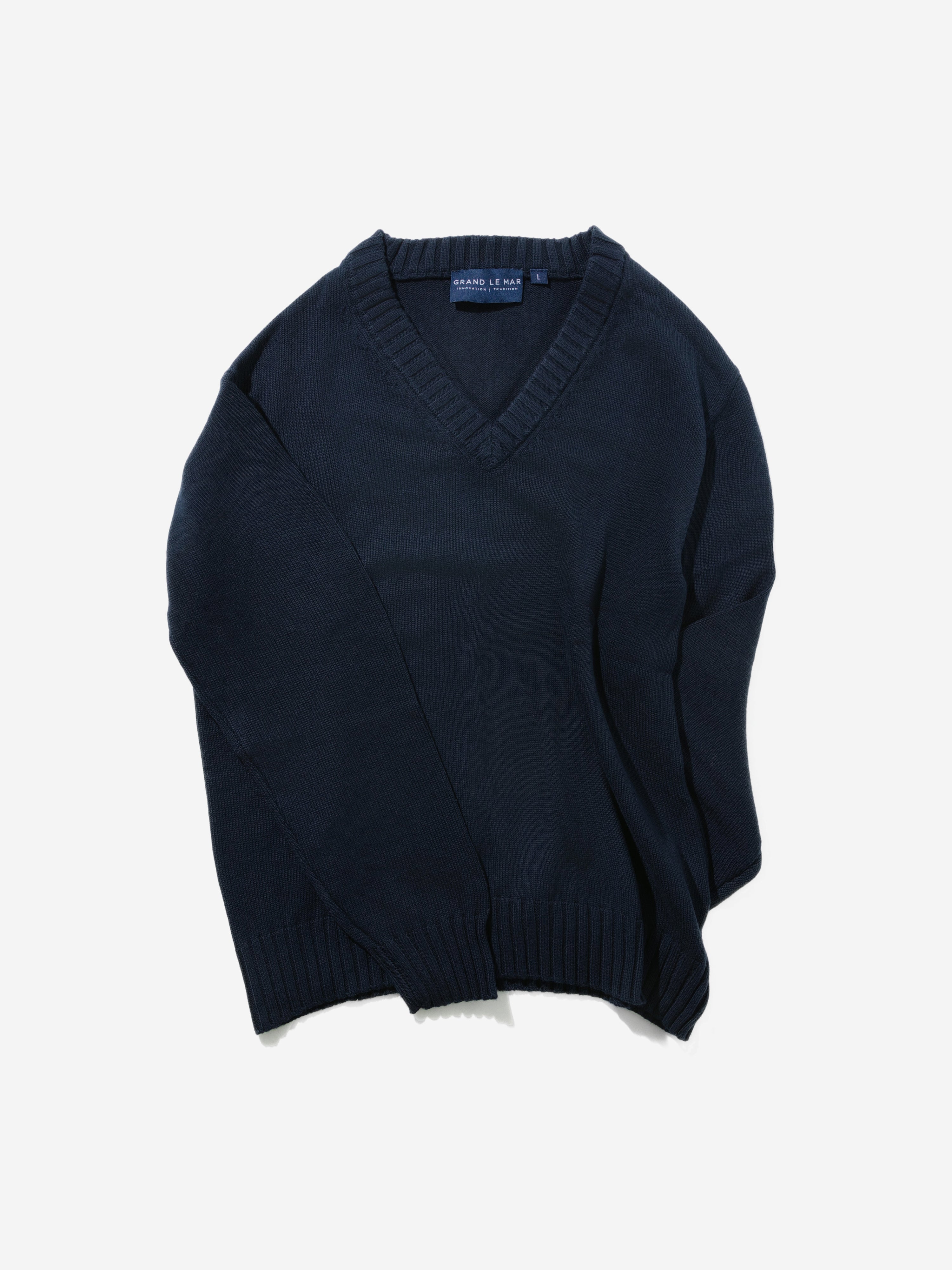 Navy Cotton Silk V-Neck Jersey - Grand Le Mar