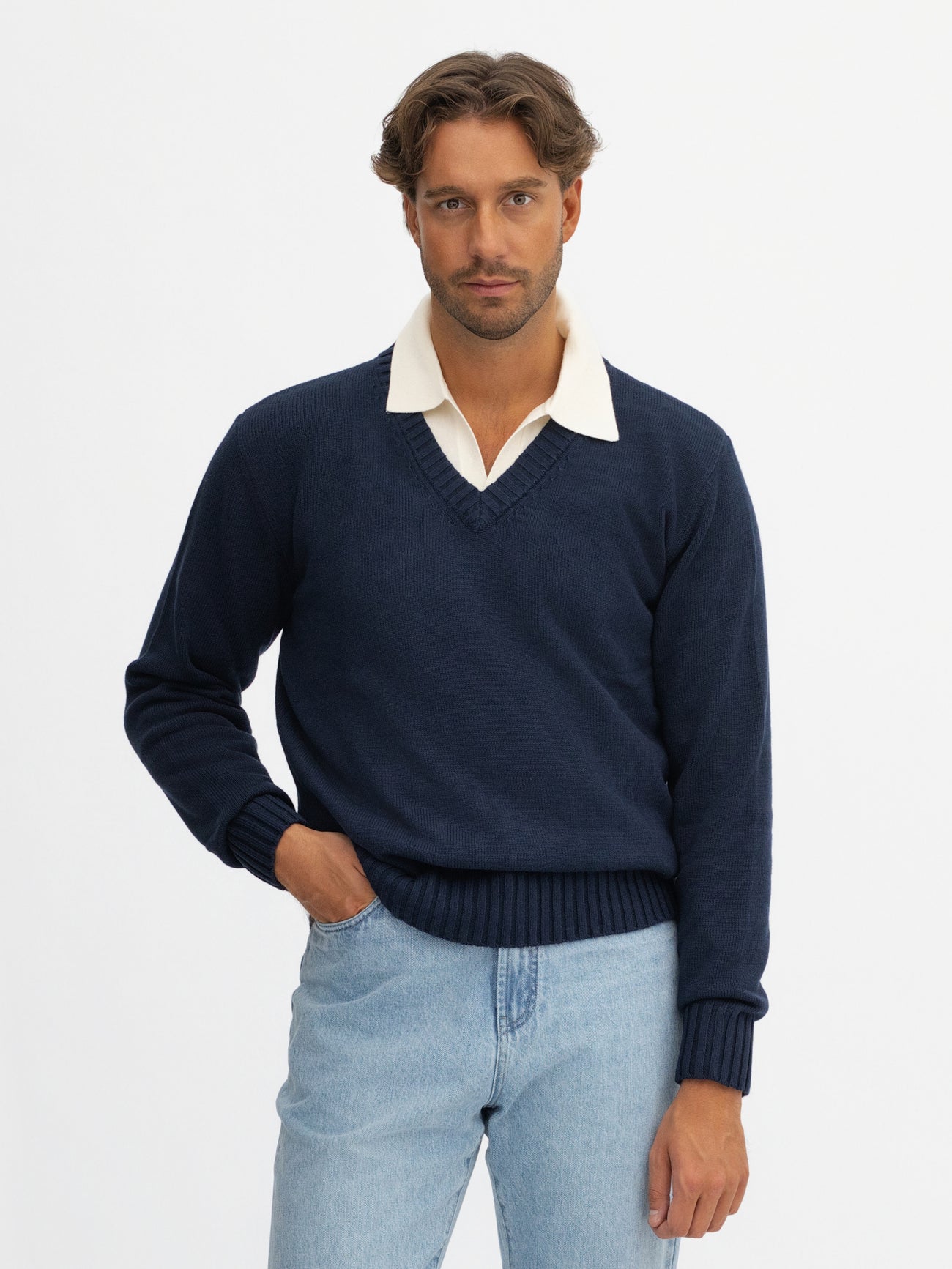 Navy Cotton Silk V-Neck Jersey - Grand Le Mar