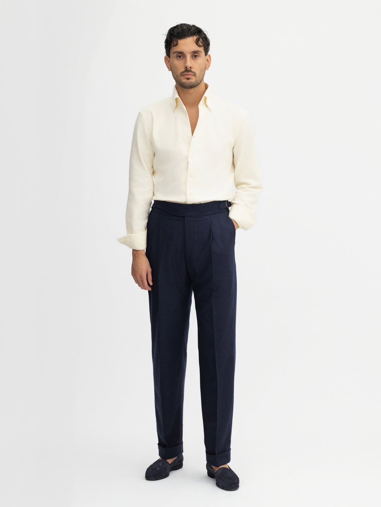 Navy Flannel Wool Gurkha Trousers - Grand Le Mar