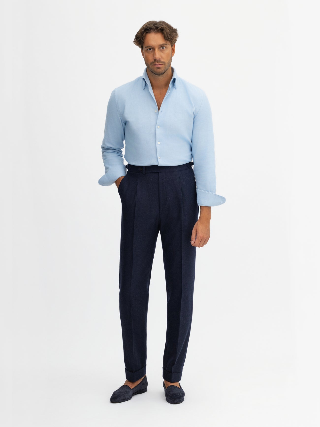 Navy Flannel Wool Oscar Trousers (Tapered Fit) - Grand Le Mar