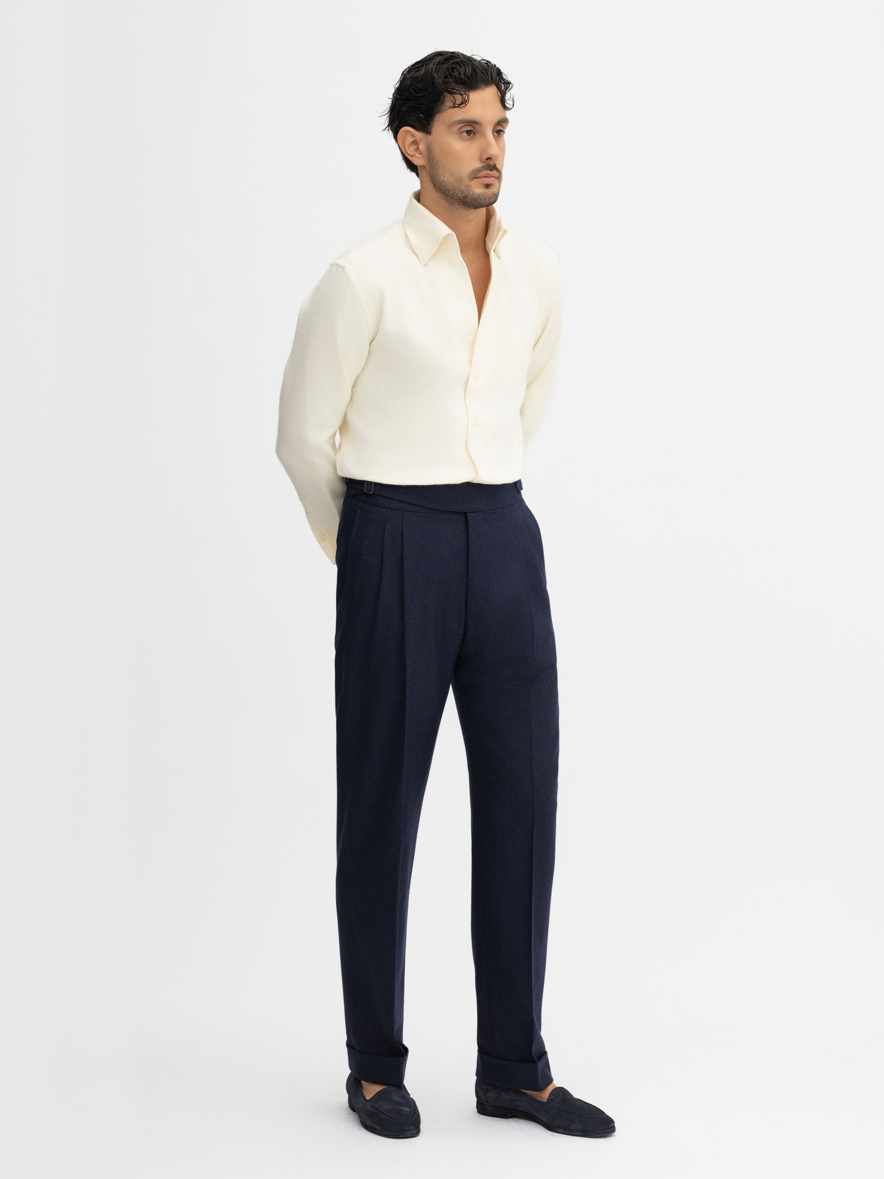 Navy Flannel Wool Gurkha Trousers (Tapered Fit) - Grand Le Mar