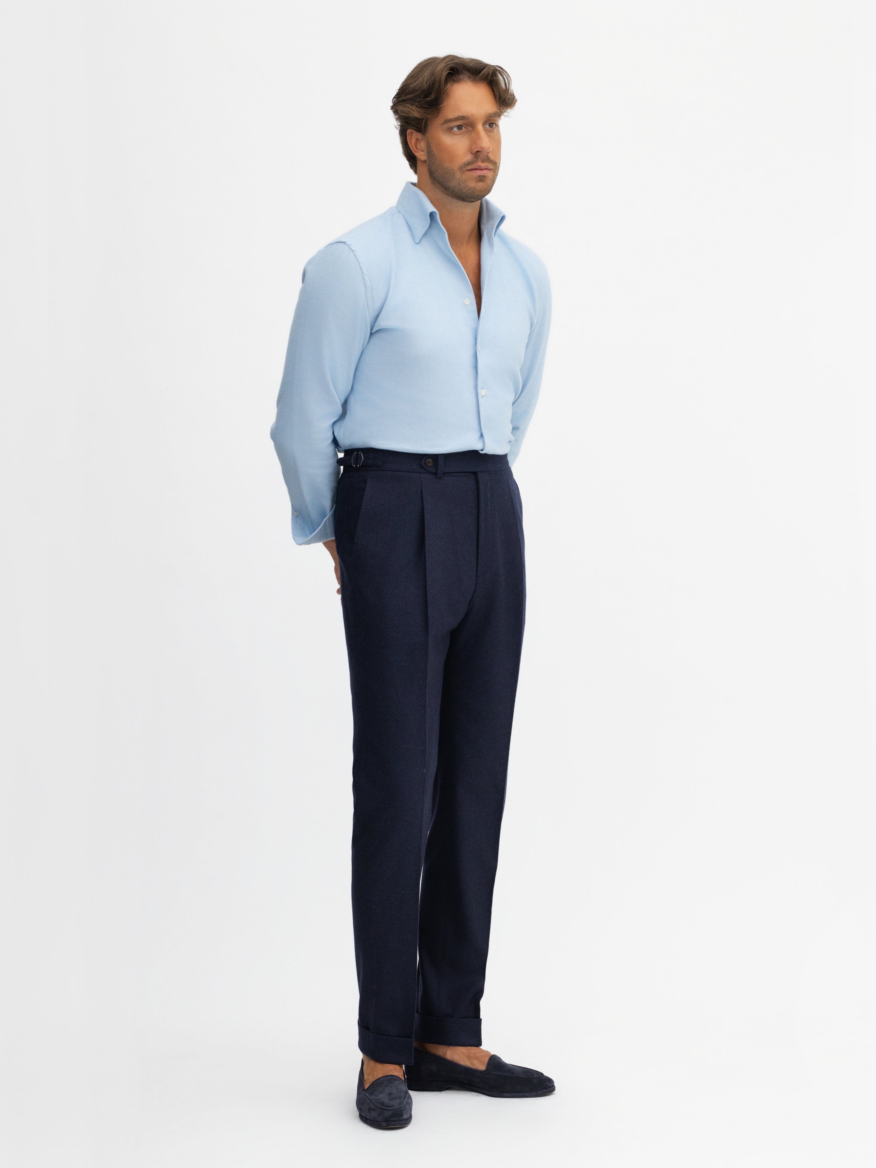 Navy Flannel Wool Oscar Trousers (Tapered Fit) - Grand Le Mar