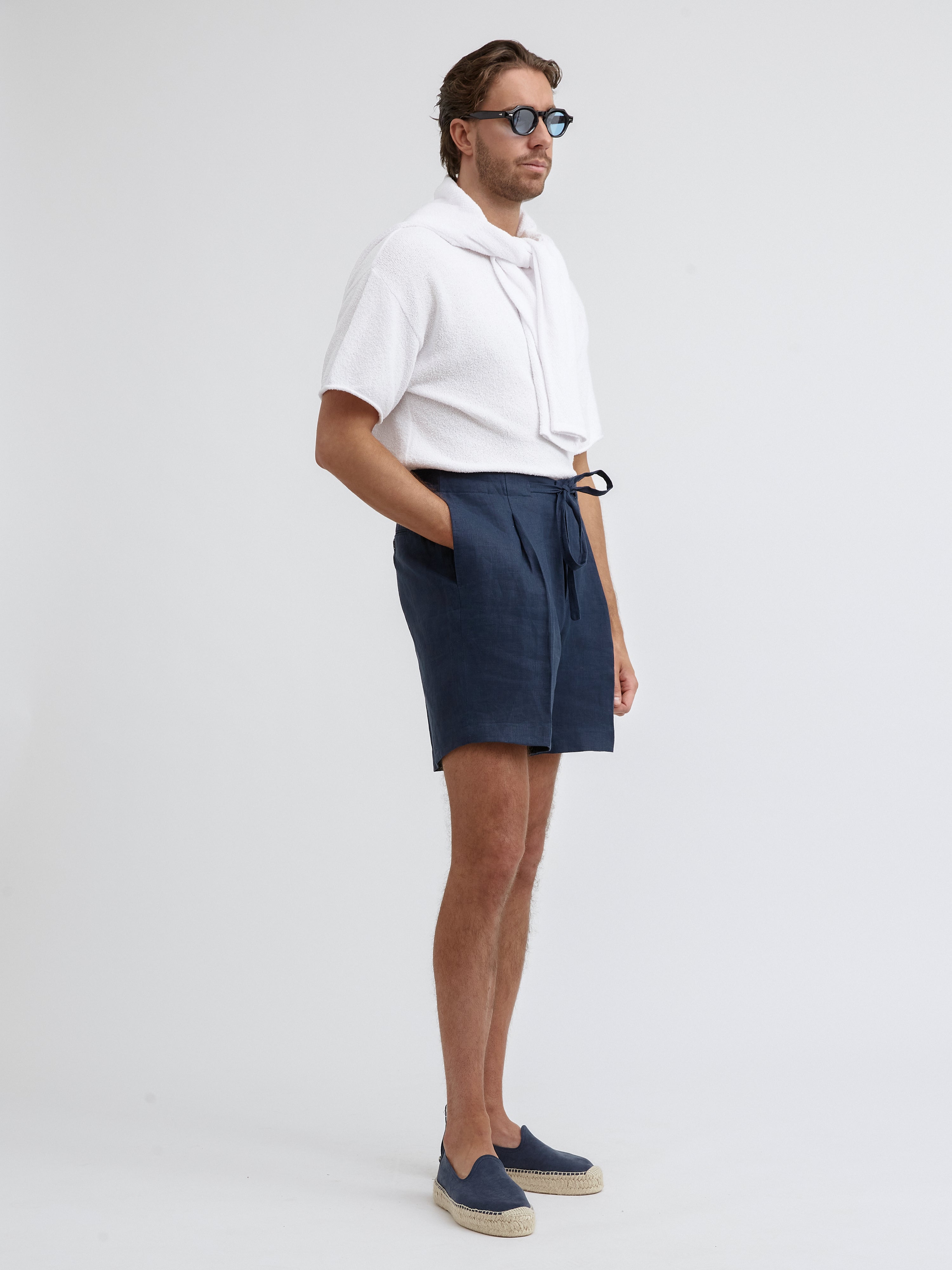 Navy Linen Drawstring Shorts (Wide Fit) - Grand Le Mar