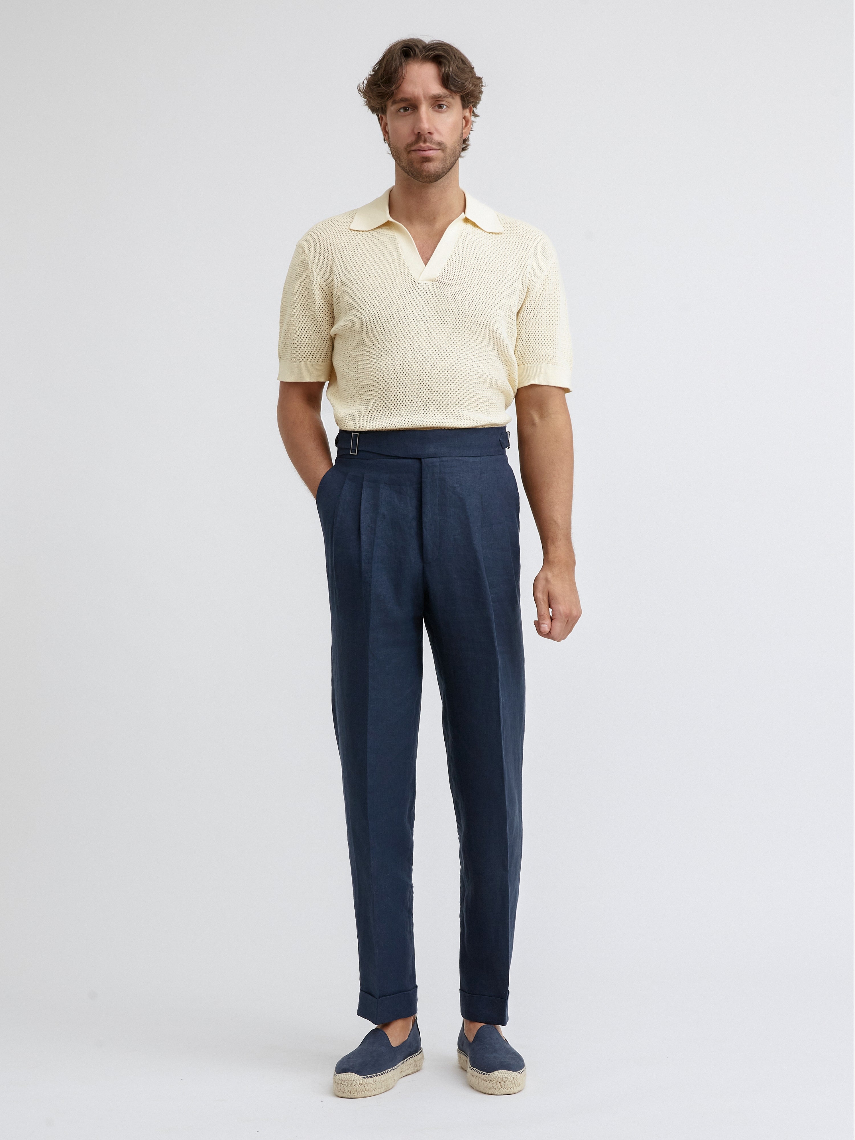 Navy Linen Gurkha Trousers (Tapered Fit) - Grand Le Mar