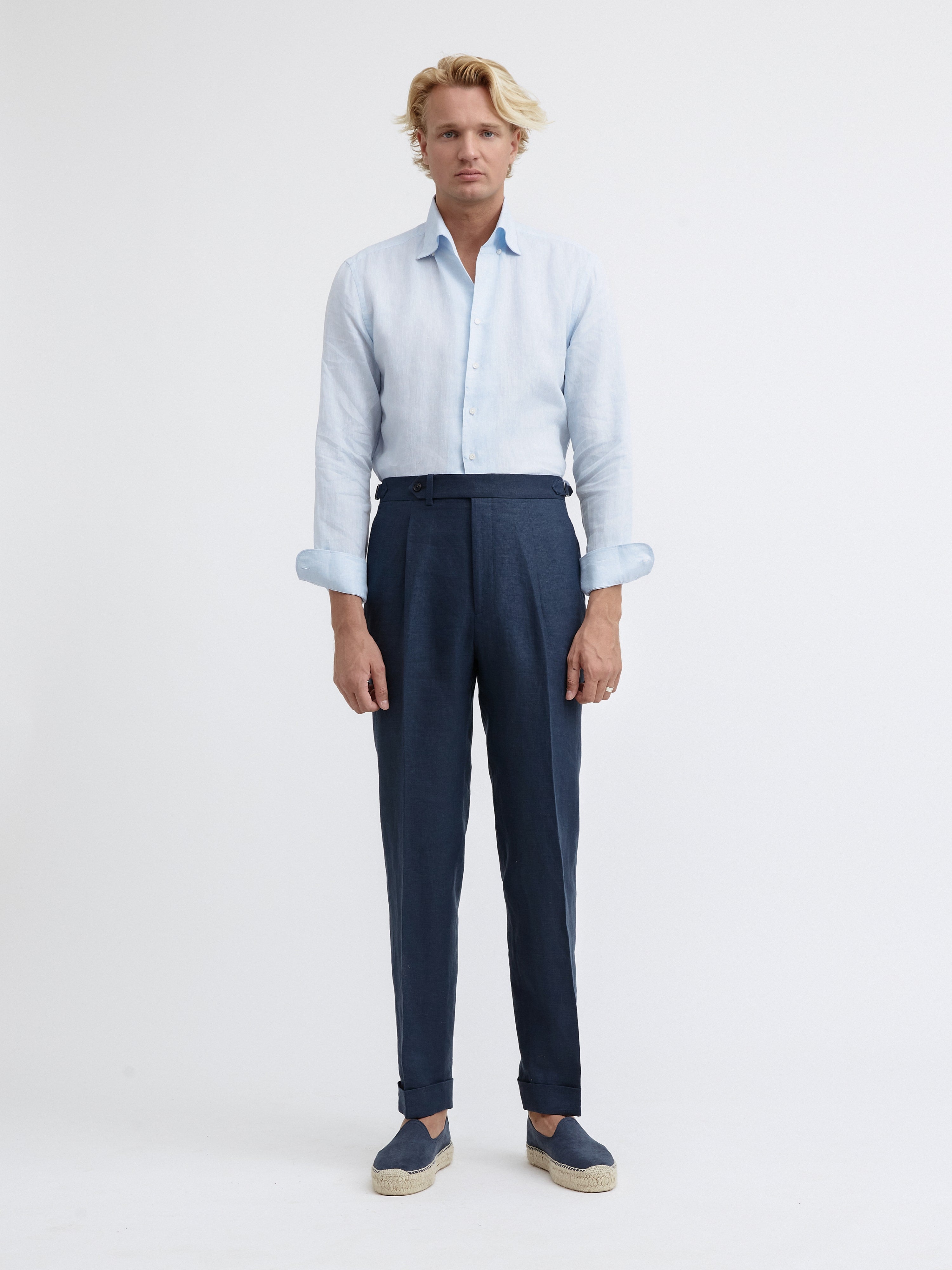 Navy Linen Oscar Trousers (Tapered Fit) - Grand Le Mar