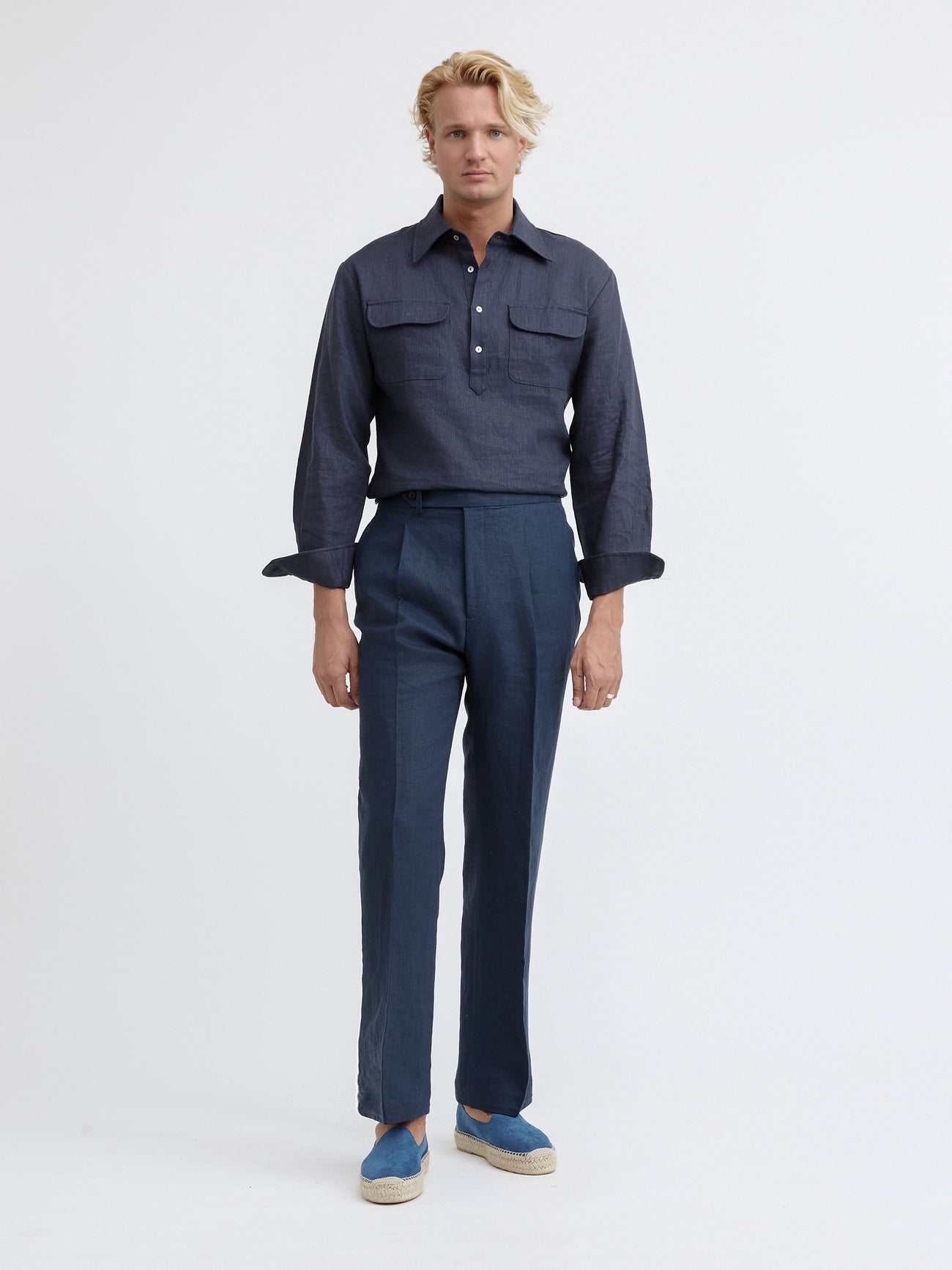 Navy Linen Oscar Trousers (Wide Fit) - Grand Le Mar