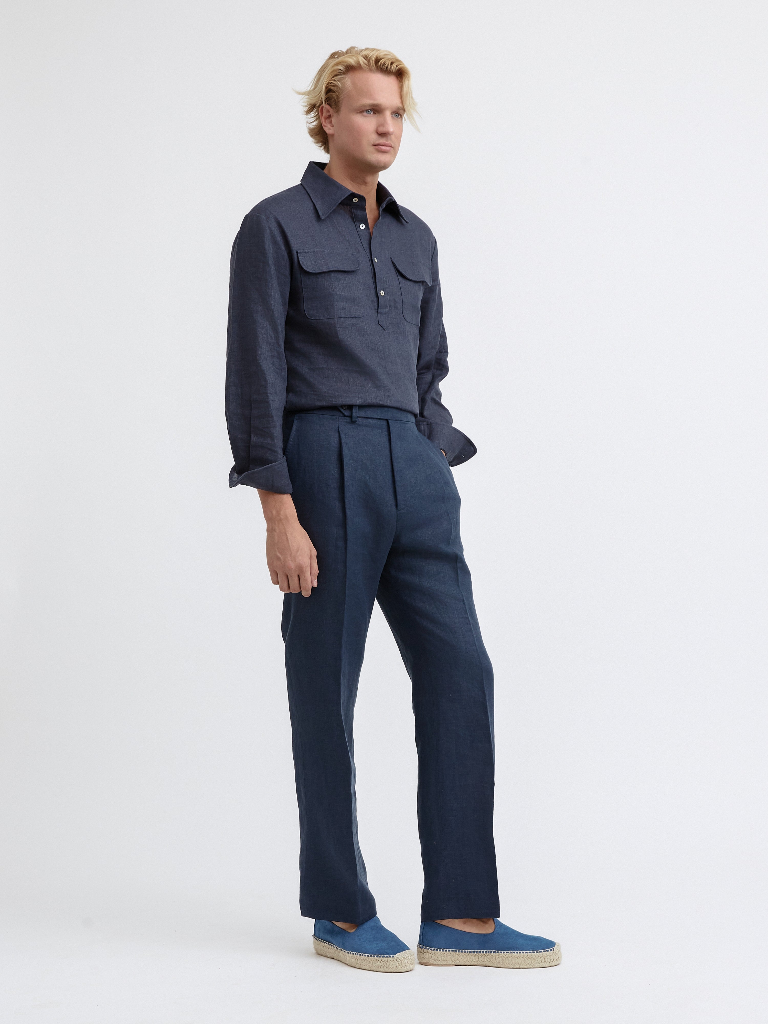 Navy Linen Oscar Trousers (Wide Fit) - Grand Le Mar