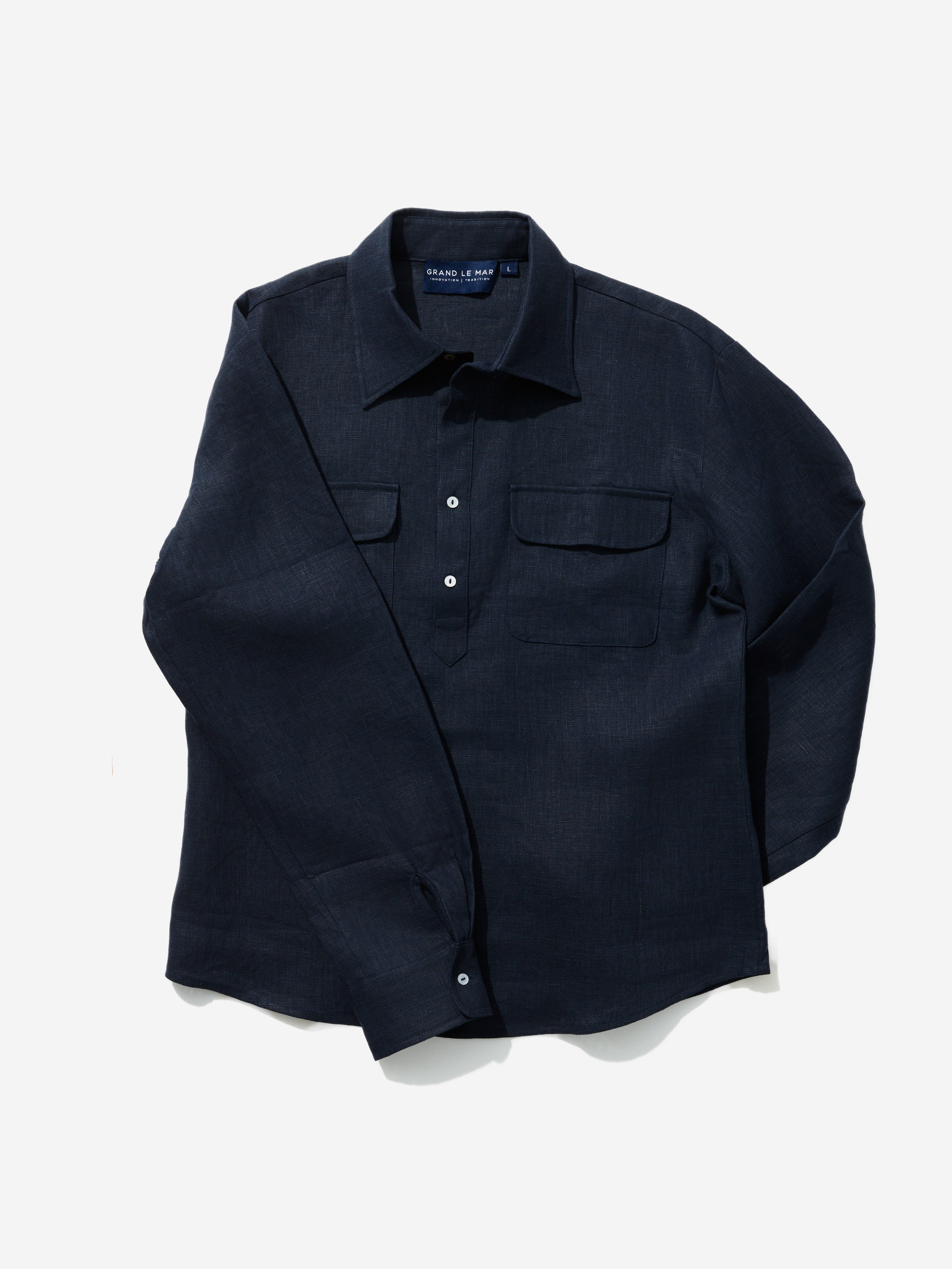 Navy Linen Popover Shirt - Grand Le Mar