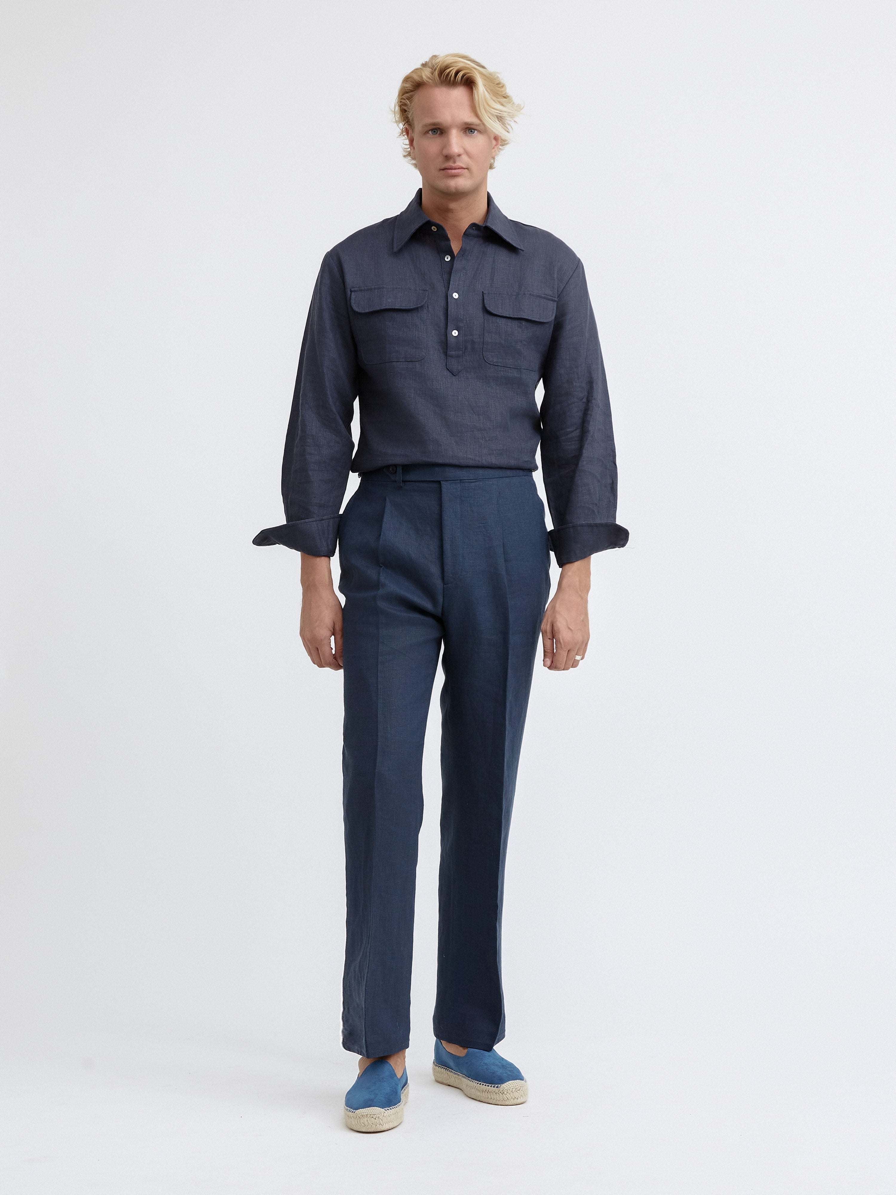 Navy Linen Popover Shirt - Grand Le Mar