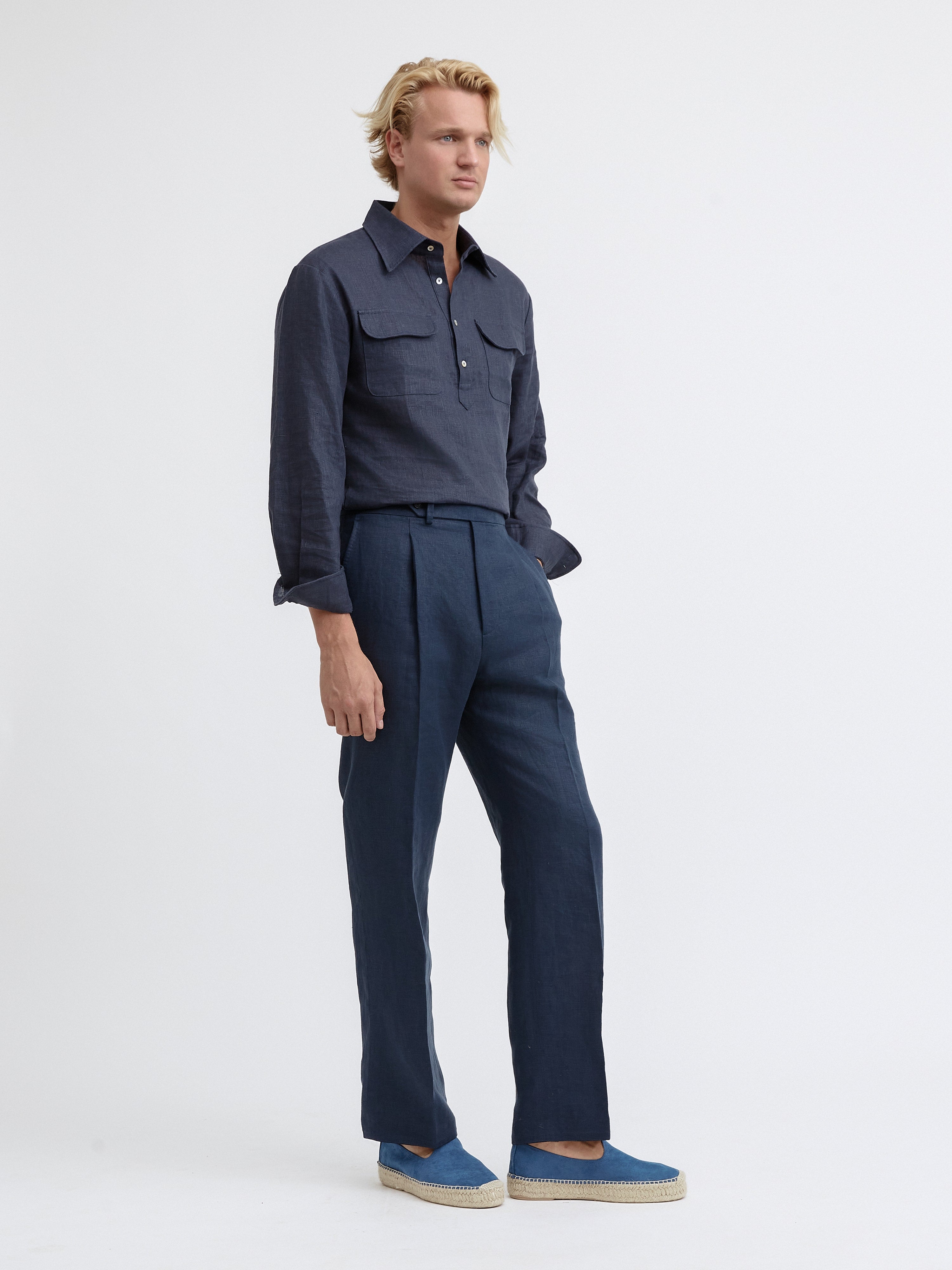 Navy Linen Popover Shirt - Grand Le Mar