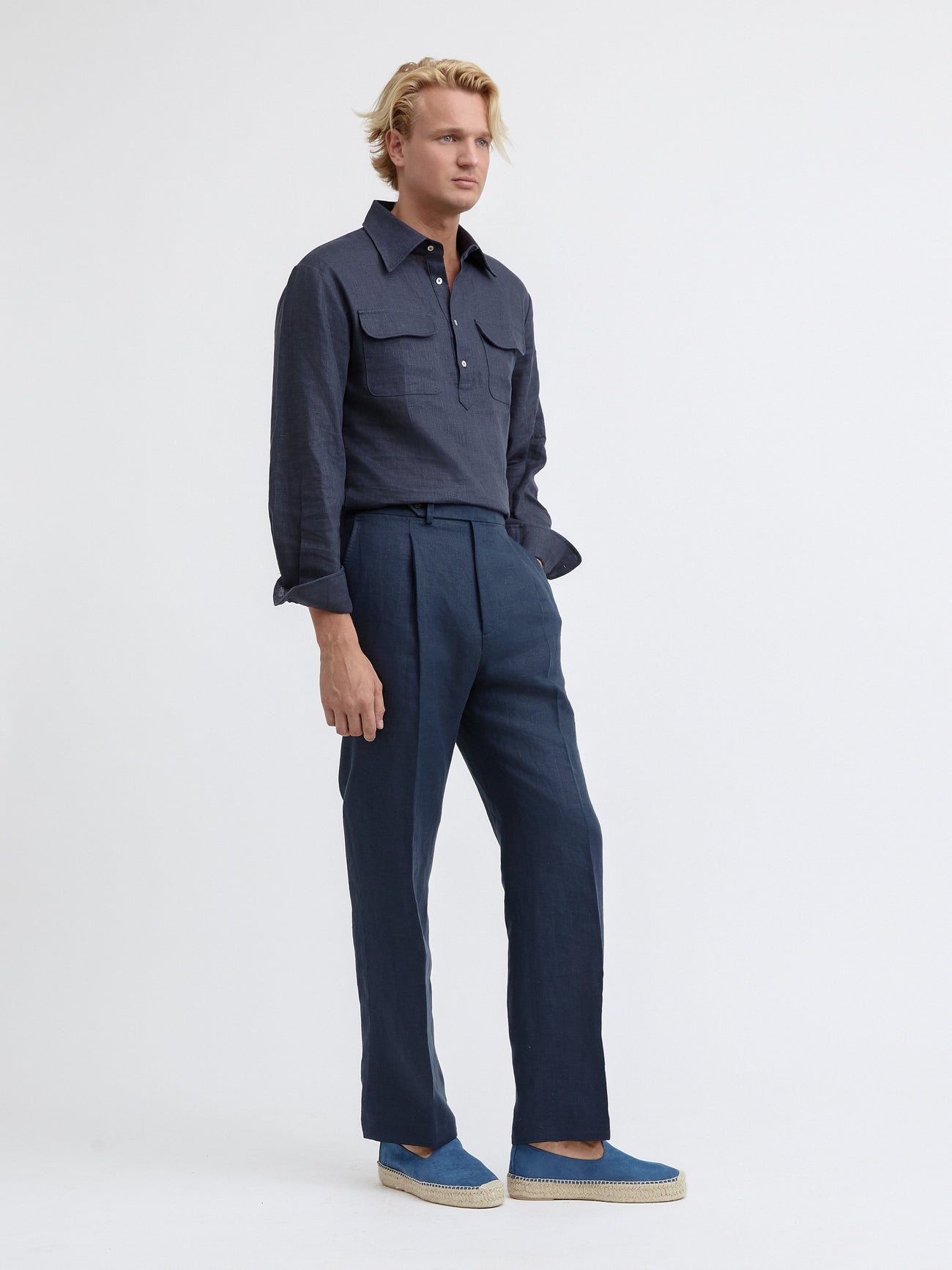 Navy Linen Popover Shirt - Grand Le Mar