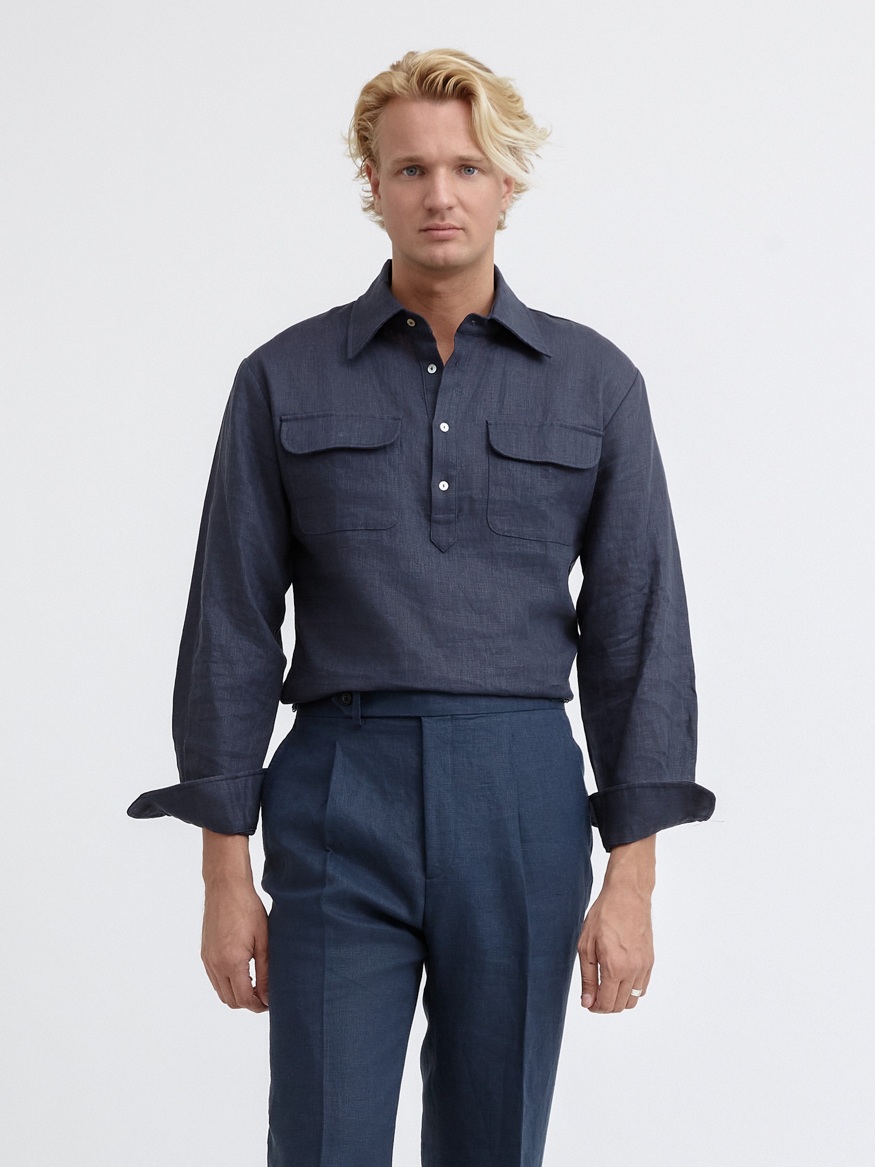 Navy Linen Popover Shirt - Grand Le Mar