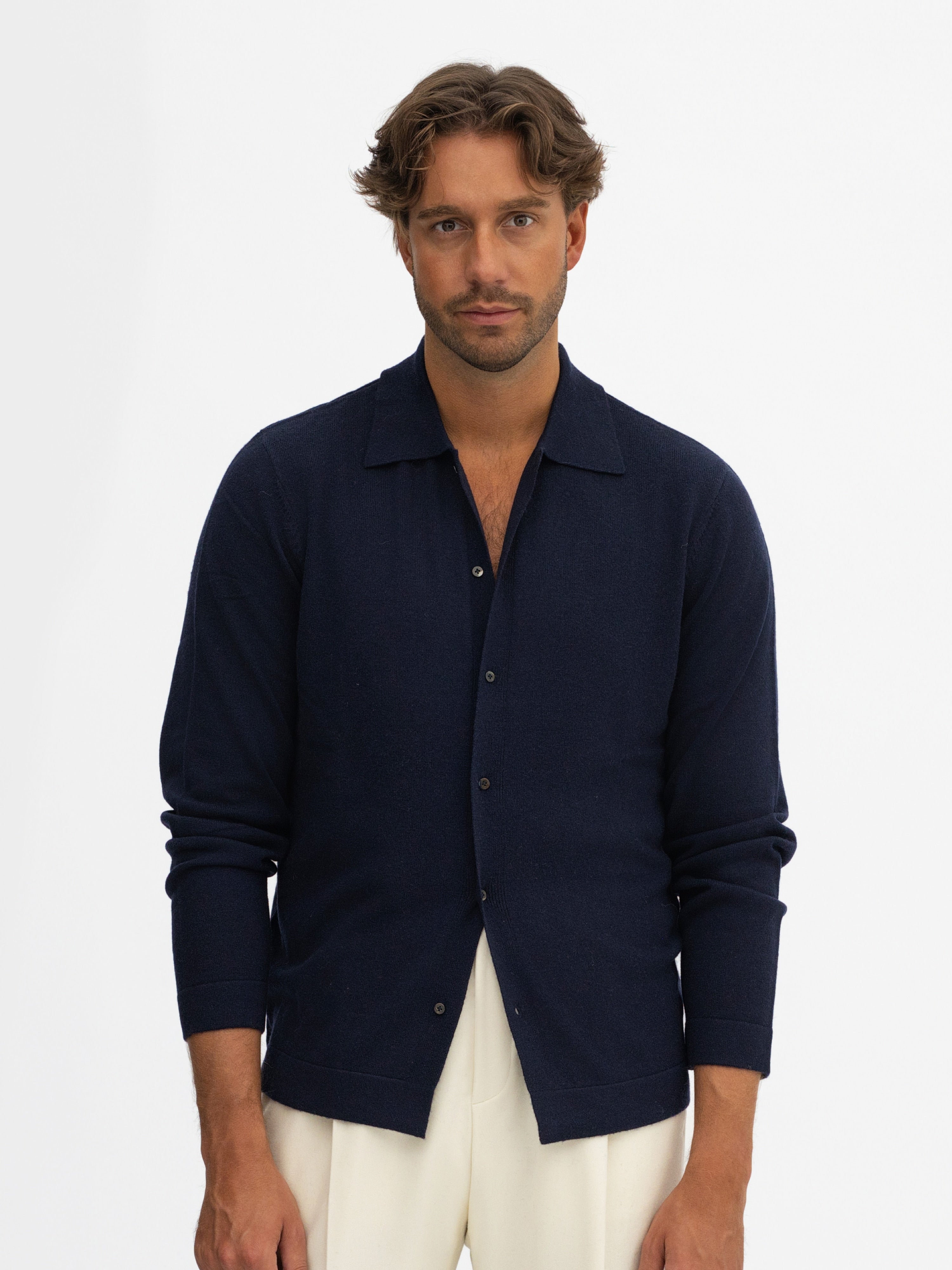 Navy Merino Wool Cashmere Cardigan - Grand Le Mar