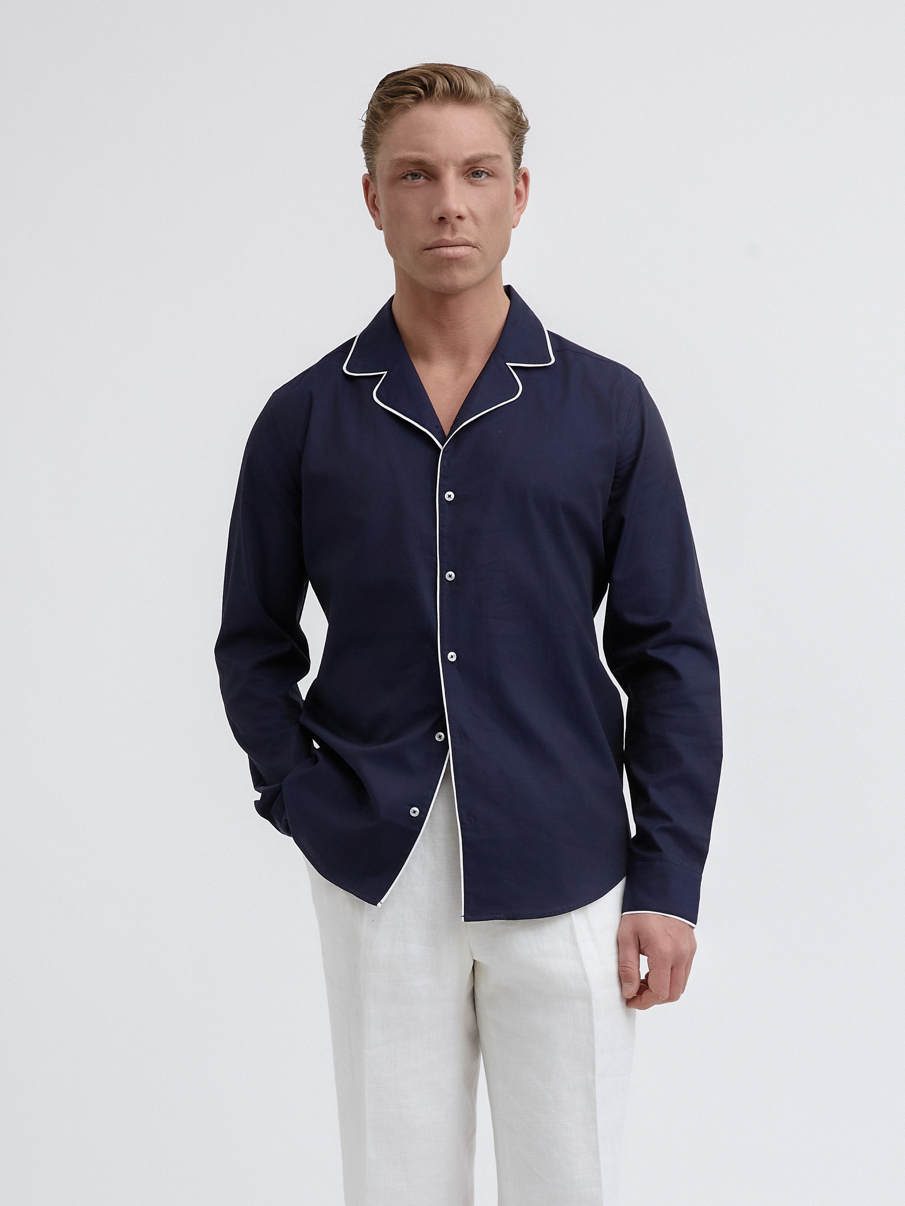 Riviera Piped Navy Blue Shirt - Grand Le Mar