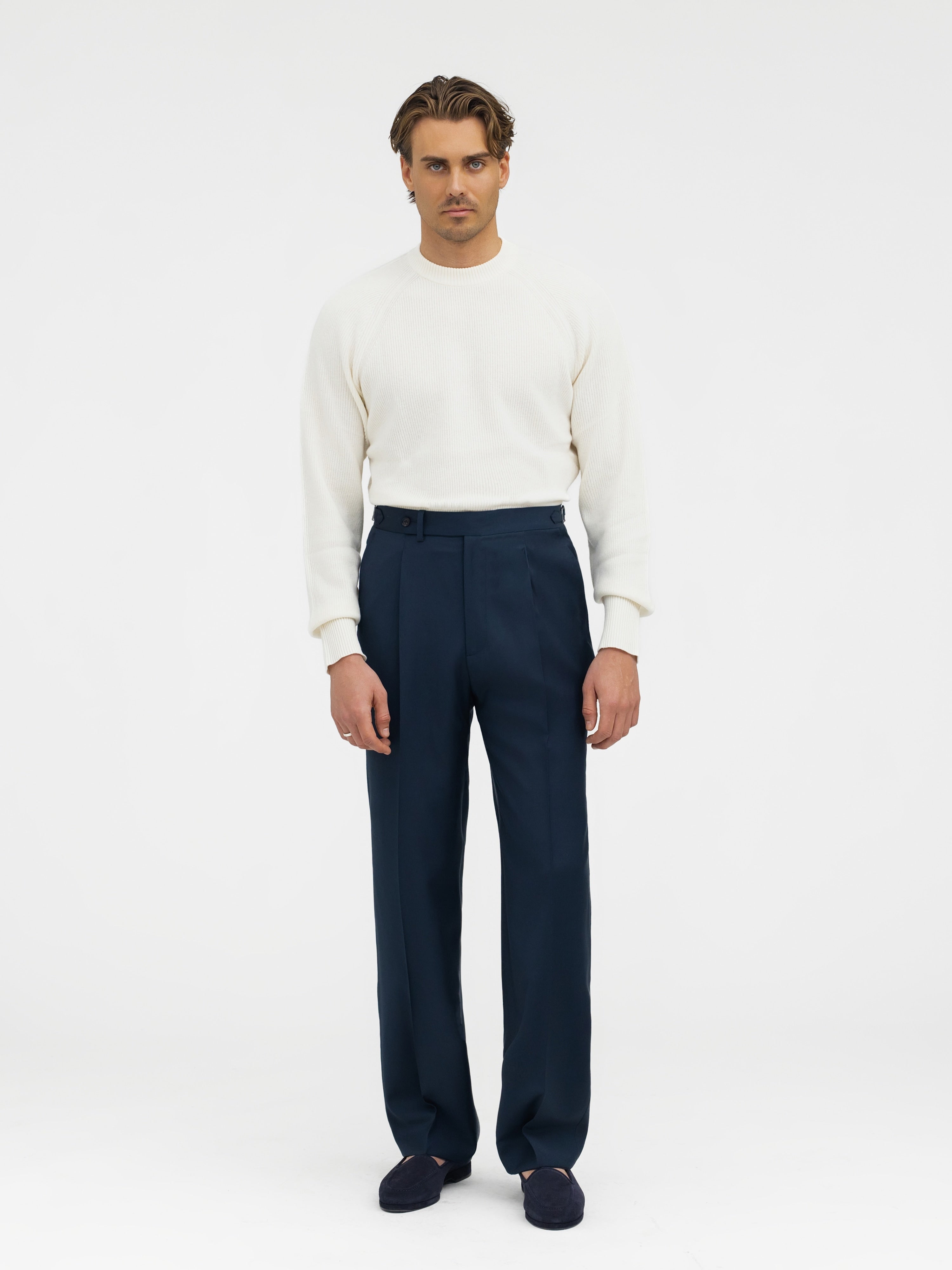 Navy S130 Wool Oscar Trousers (Wide Fit) - Grand Le Mar